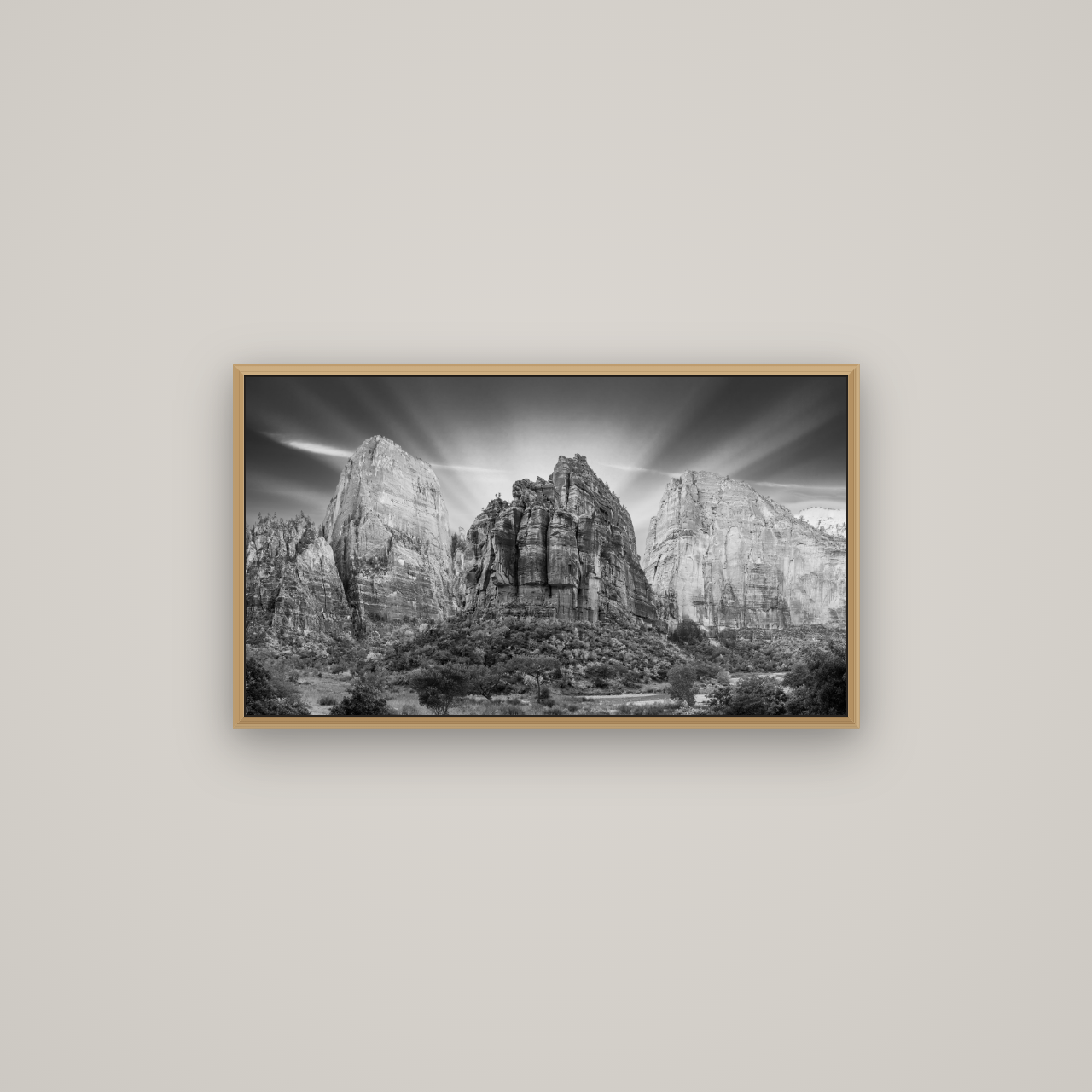 Angelic Sunrise Over Angels Landing, Zion's Majestic Embrace, Basel Natural Oak, 80×45 cm. New Zealand fine art wall art by Stephen Milner.