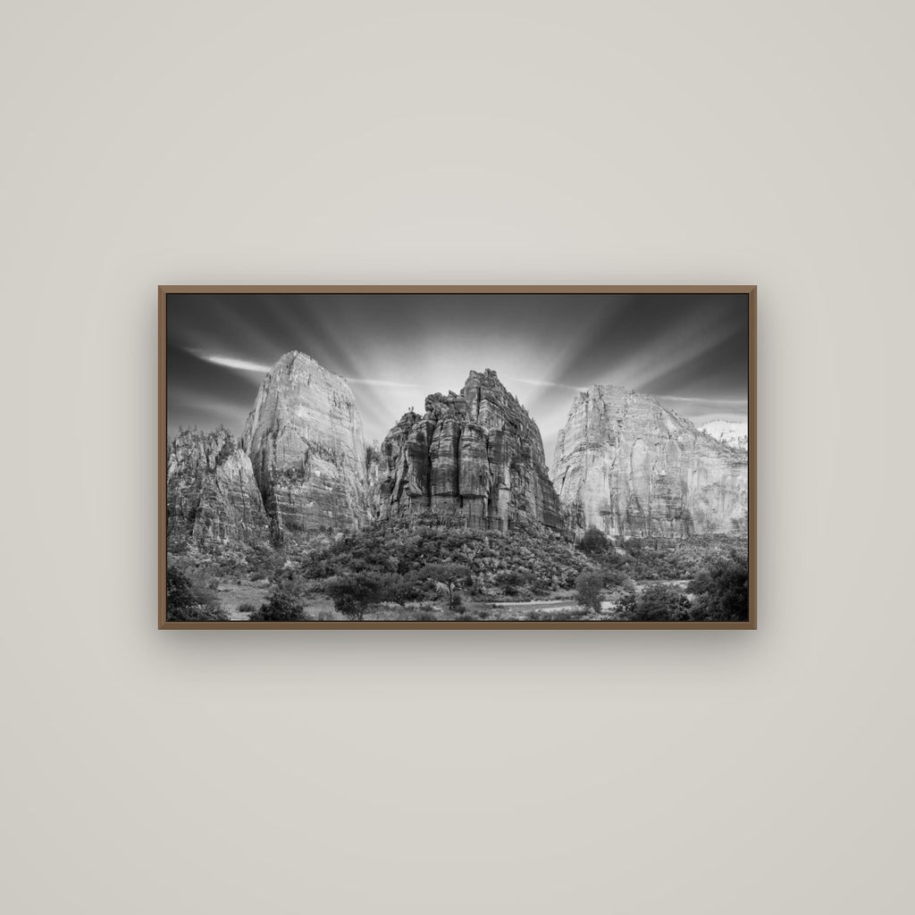 Angelic Sunrise Over Angels Landing, Zion's Majestic Embrace, Basel Walnut, 107×60 cm. New Zealand fine art wall art by Stephen Milner.
