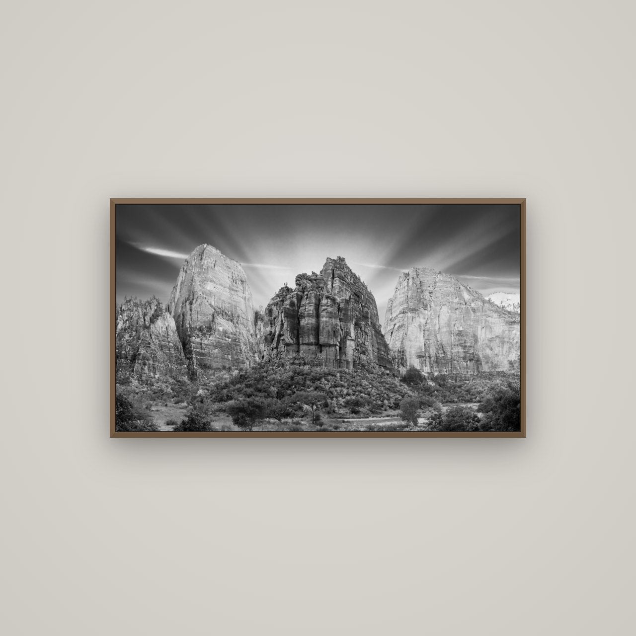 Angelic Sunrise Over Angels Landing, Zion's Majestic Embrace, Basel Walnut, 107×60 cm. New Zealand fine art wall art by Stephen Milner.