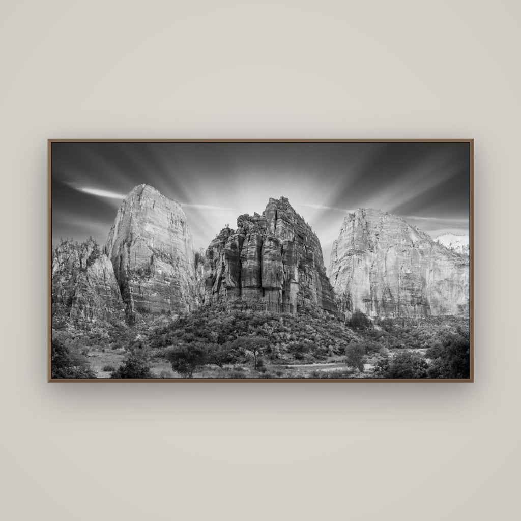 Angelic Sunrise Over Angels Landing, Zion's Majestic Embrace, Basel Walnut, 160×90 cm. New Zealand fine art wall art by Stephen Milner.
