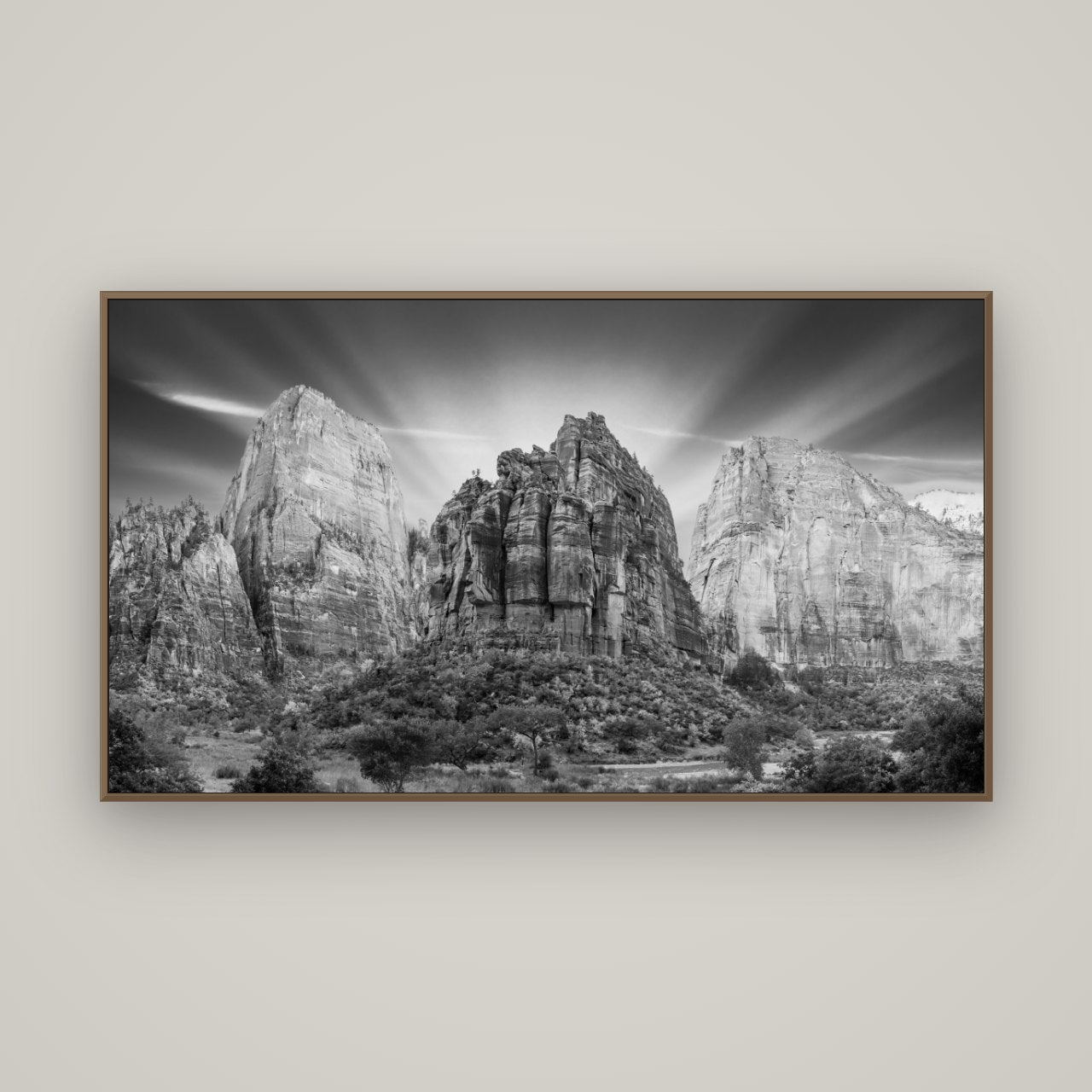 Angelic Sunrise Over Angels Landing, Zion's Majestic Embrace, Basel Walnut, 160×90 cm. New Zealand fine art wall art by Stephen Milner.