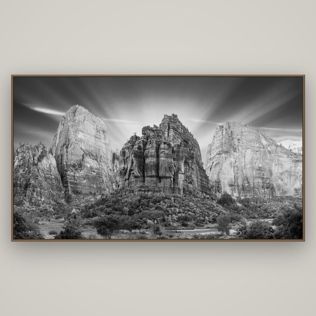 Angelic Sunrise Over Angels Landing, Zion's Majestic Embrace, Basel Walnut, 196×110 cm. New Zealand fine art wall art by Stephen Milner.