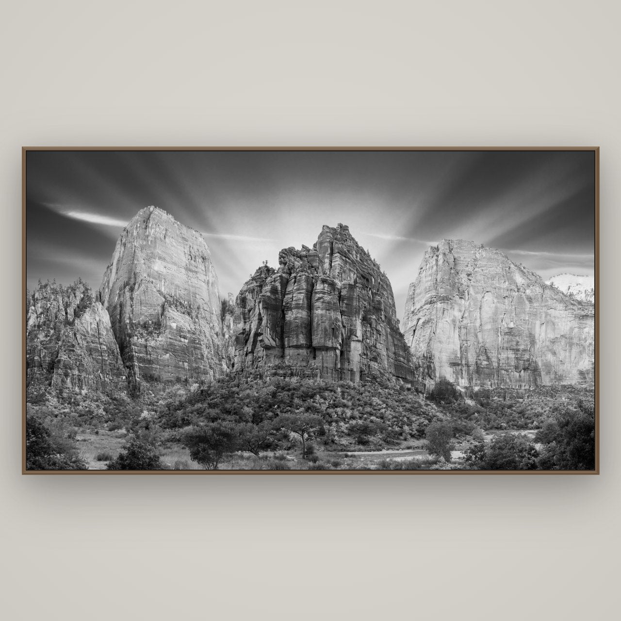 Angelic Sunrise Over Angels Landing, Zion's Majestic Embrace, Basel Walnut, 196×110 cm. New Zealand fine art wall art by Stephen Milner.