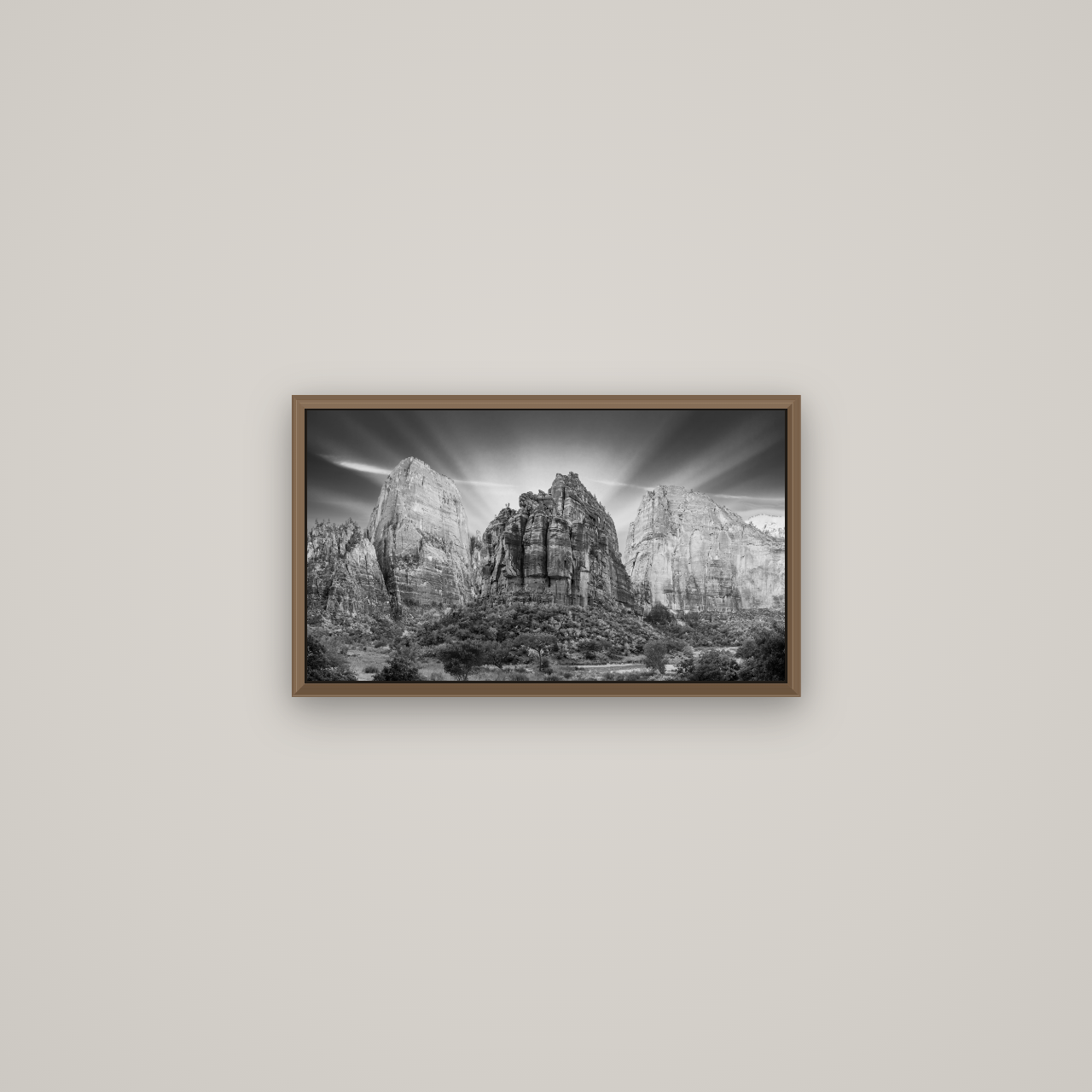 Angelic Sunrise Over Angels Landing, Zion's Majestic Embrace, Basel Walnut, 53×30 cm. New Zealand fine art wall art by Stephen Milner.