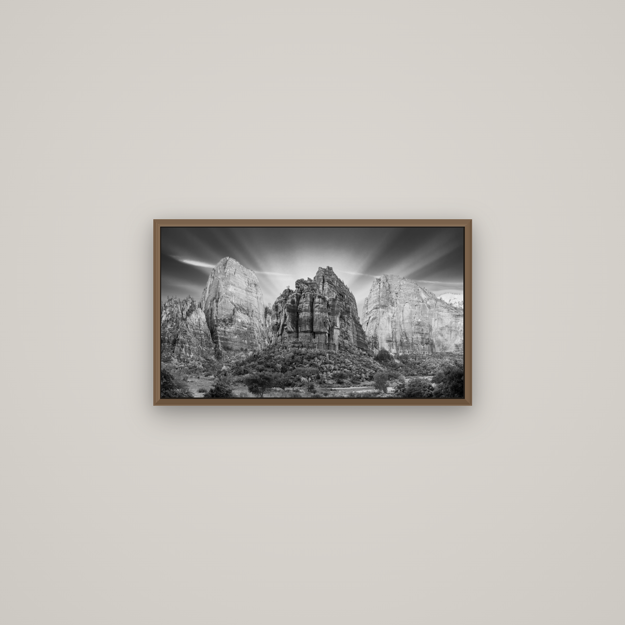 Angelic Sunrise Over Angels Landing, Zion's Majestic Embrace, Basel Walnut, 64×36 cm. New Zealand fine art wall art by Stephen Milner.