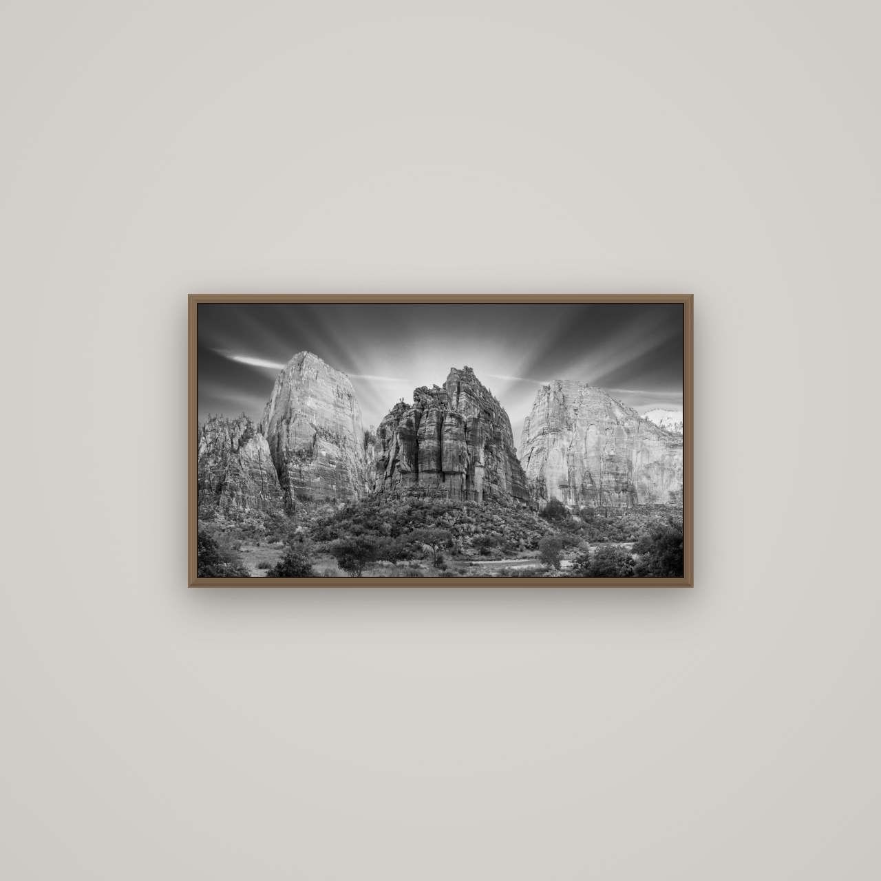 Angelic Sunrise Over Angels Landing, Zion's Majestic Embrace, Basel Walnut, 80×45 cm. New Zealand fine art wall art by Stephen Milner.