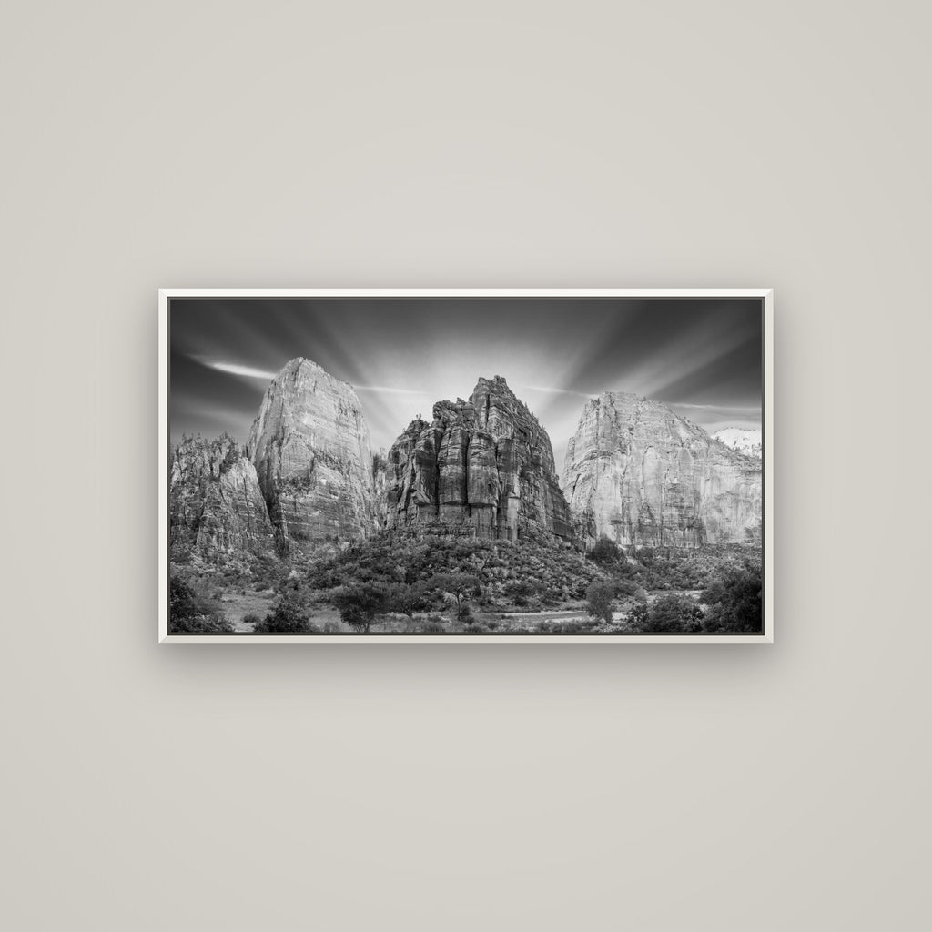 Angelic Sunrise Over Angels Landing, Zion's Majestic Embrace — Basel White, 107×60 cm. New Zealand fine art wall art by Stephen Milner.