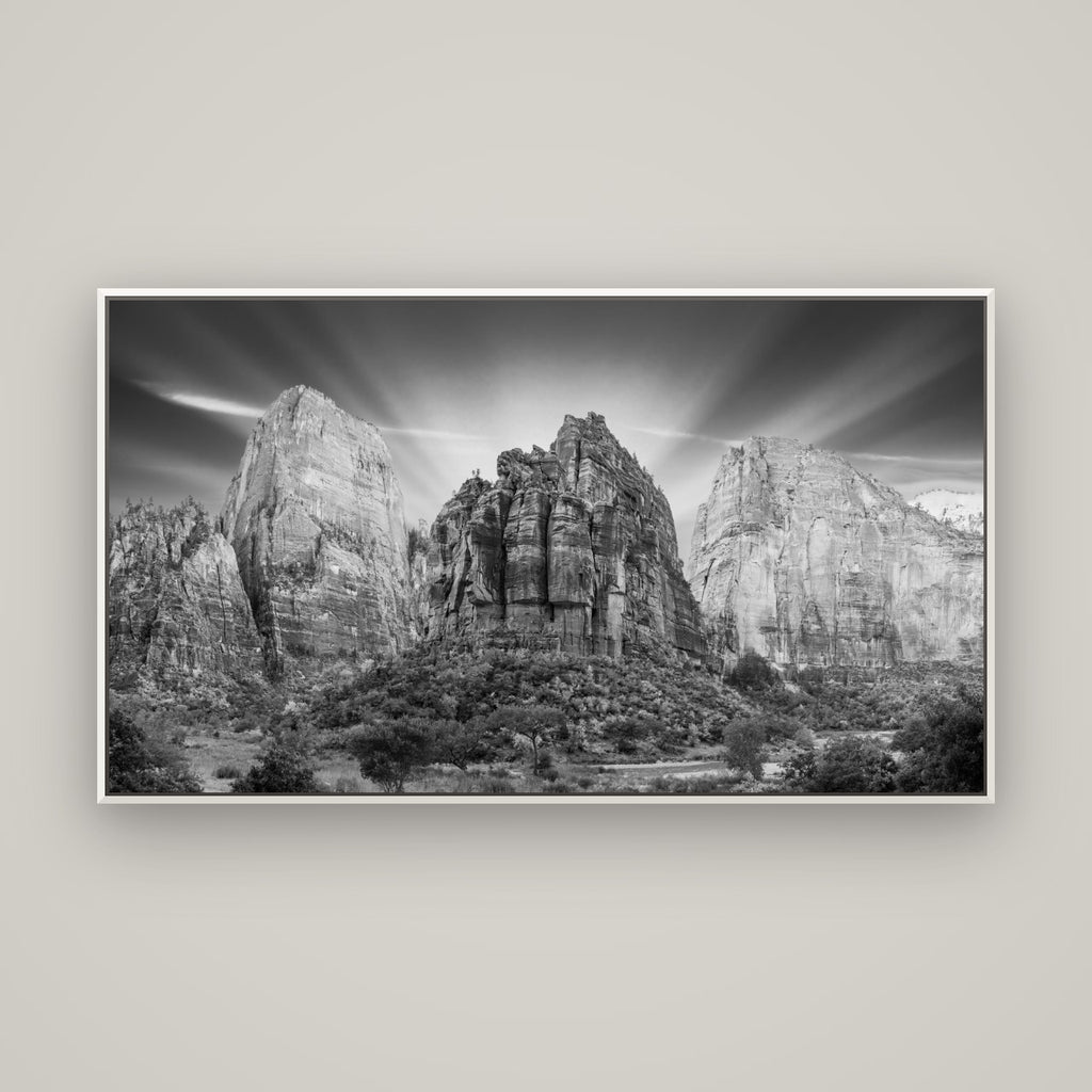Angelic Sunrise Over Angels Landing, Zion's Majestic Embrace — Basel White, 160×90 cm. New Zealand fine art wall art by Stephen Milner.