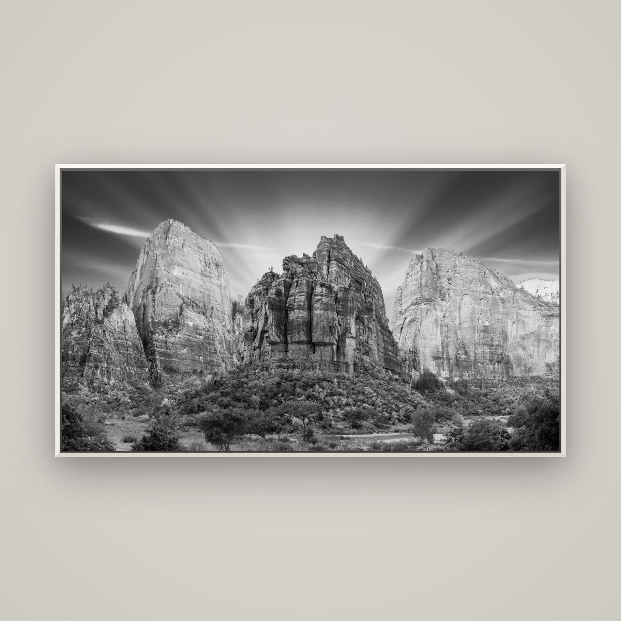 Angelic Sunrise Over Angels Landing, Zion's Majestic Embrace — Basel White, 160×90 cm. New Zealand fine art wall art by Stephen Milner.