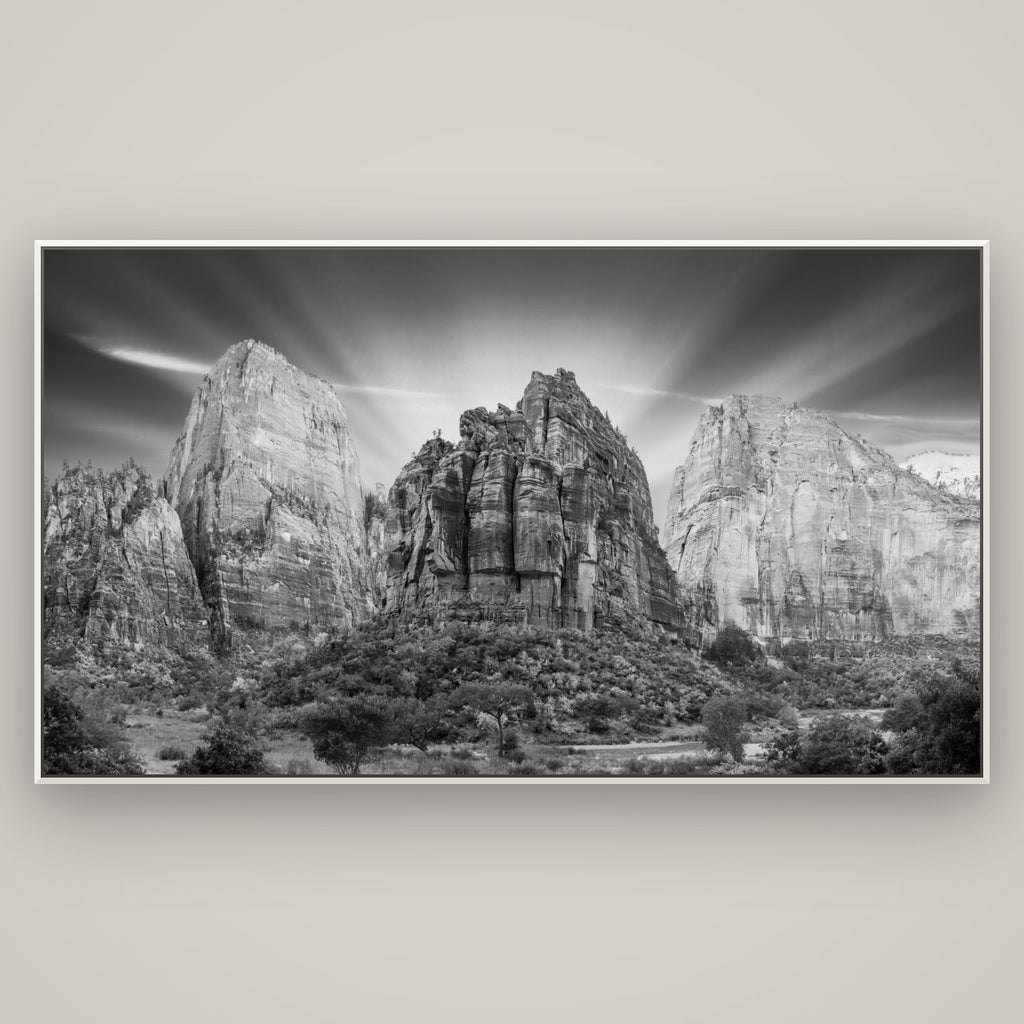 Angelic Sunrise Over Angels Landing, Zion's Majestic Embrace — Basel White, 196×110 cm. New Zealand fine art wall art by Stephen Milner.