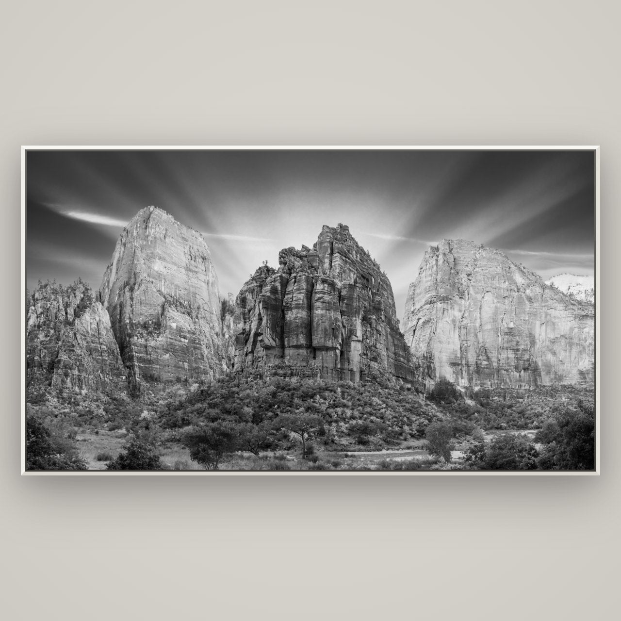 Angelic Sunrise Over Angels Landing, Zion's Majestic Embrace — Basel White, 196×110 cm. New Zealand fine art wall art by Stephen Milner.