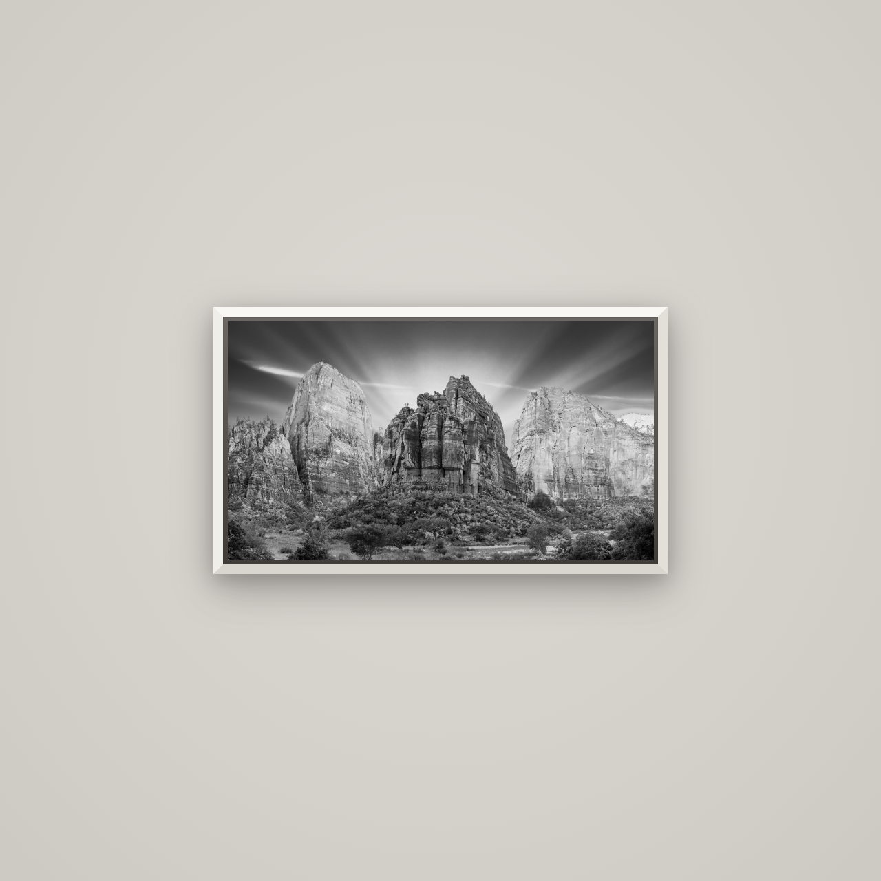 Angelic Sunrise Over Angels Landing, Zion's Majestic Embrace — Basel White, 64×36 cm. New Zealand fine art wall art by Stephen Milner.