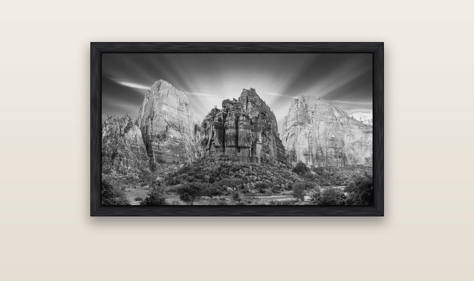 Angelic Sunrise Over Angels Landing, Zion's Majestic Embrace — black float frame canvas, 102 × 56 cm. New Zealand fine art landscape wall art by Stephen Milner.