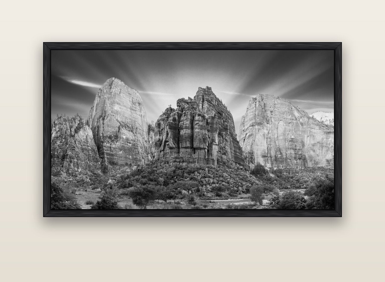 Angelic Sunrise Over Angels Landing, Zion's Majestic Embrace — black float frame canvas, 152 × 86 cm. New Zealand fine art landscape wall art by Stephen Milner.