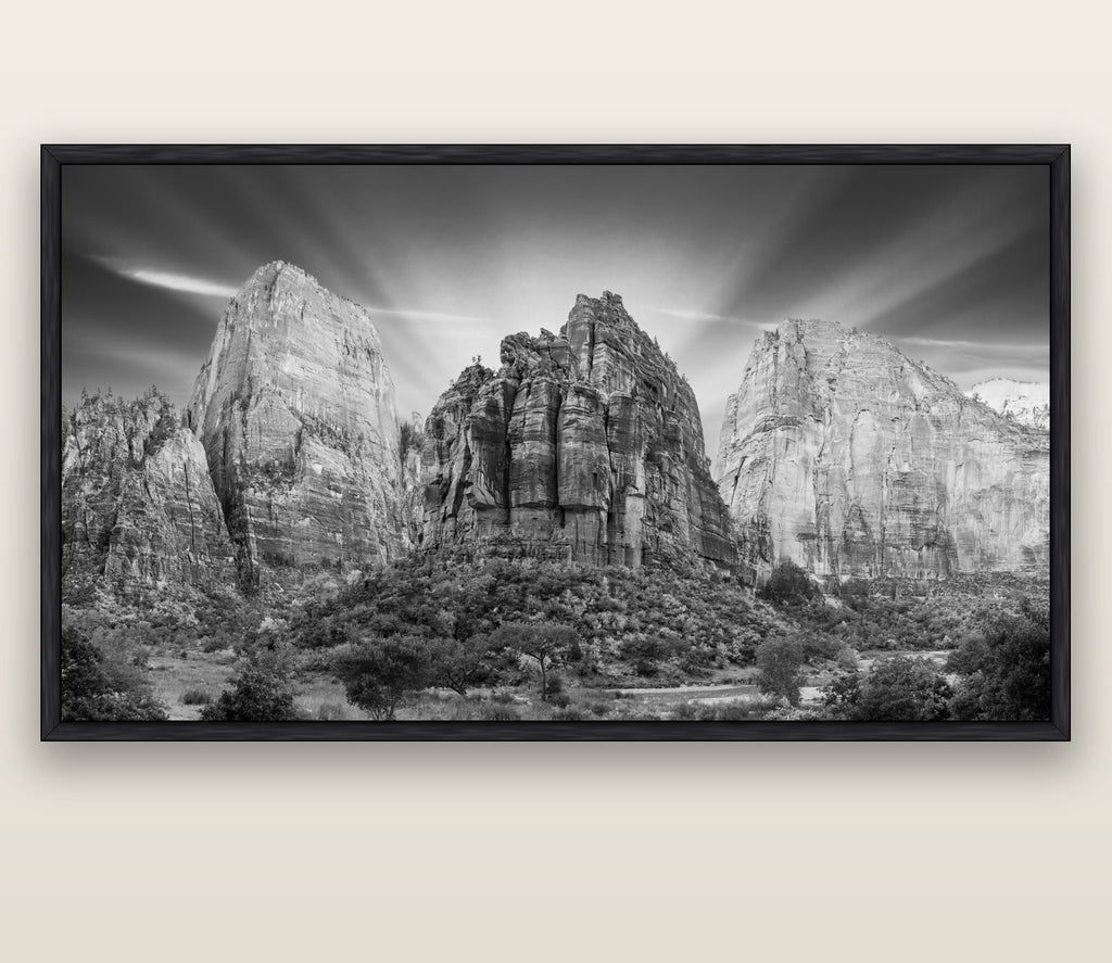 Angelic Sunrise Over Angels Landing, Zion's Majestic Embrace — black float frame canvas, 200 × 130 cm. New Zealand fine art landscape wall art by Stephen Milner.