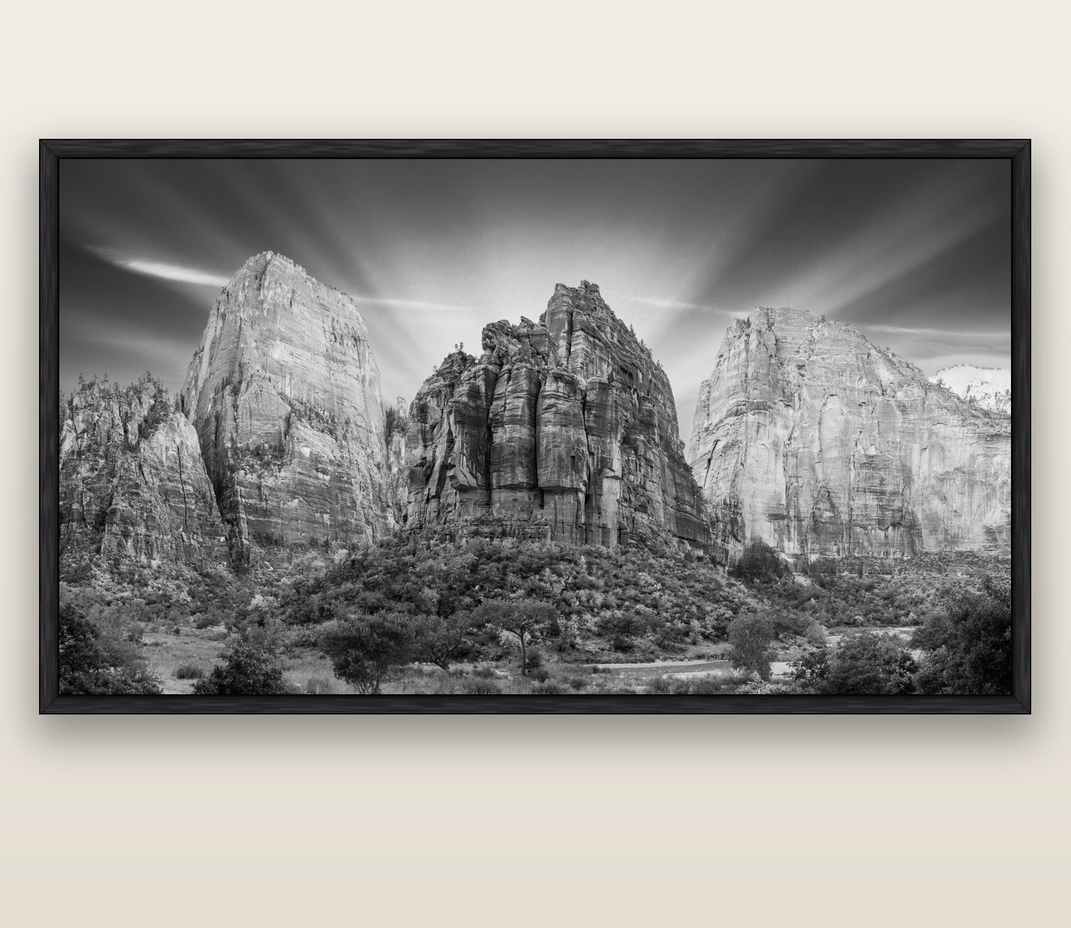 Angelic Sunrise Over Angels Landing, Zion's Majestic Embrace — black float frame canvas, 200 × 130 cm. New Zealand fine art landscape wall art by Stephen Milner.