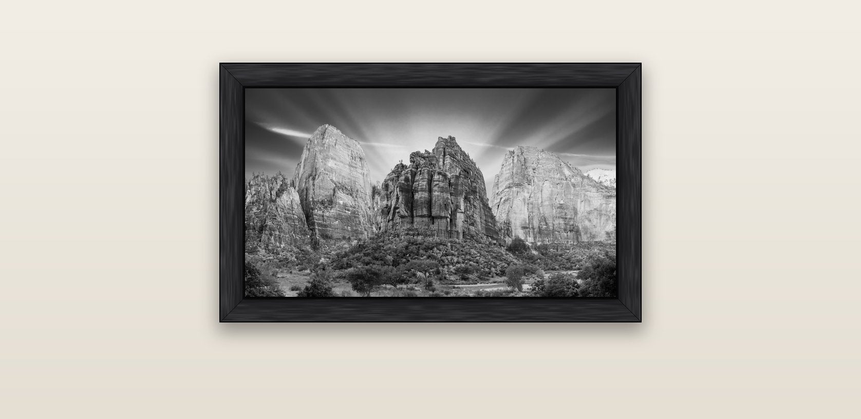 Angelic Sunrise Over Angels Landing, Zion's Majestic Embrace — black float frame canvas, 61 × 36 cm. New Zealand fine art landscape wall art by Stephen Milner.