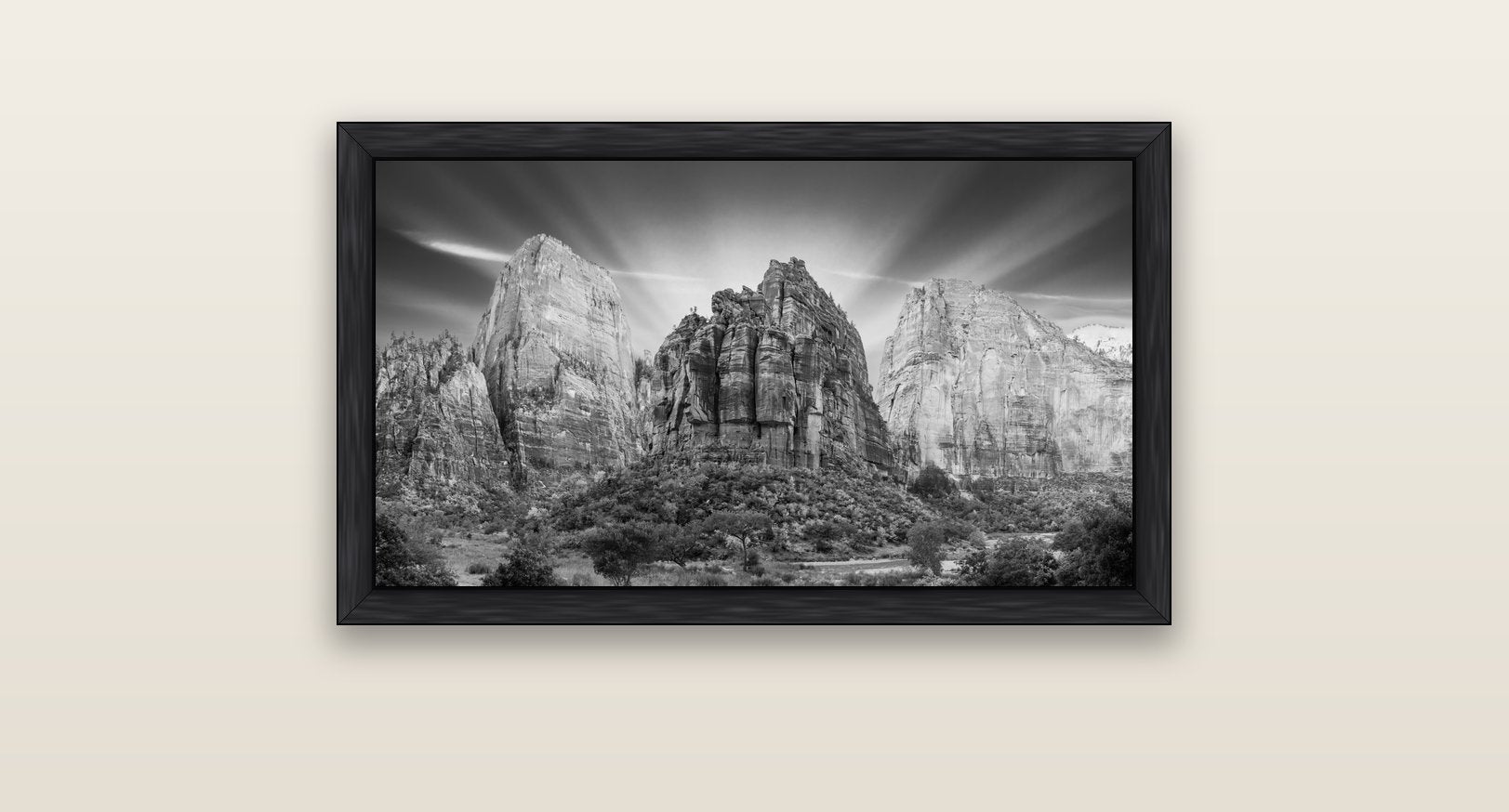 Angelic Sunrise Over Angels Landing, Zion's Majestic Embrace — black float frame canvas, 81 × 46 cm. New Zealand fine art landscape wall art by Stephen Milner.