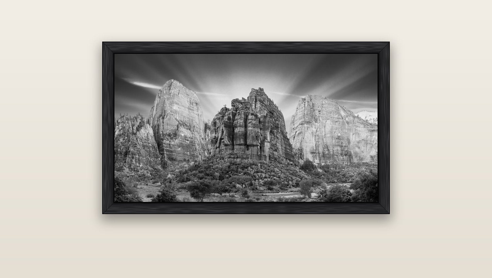 Angelic Sunrise Over Angels Landing, Zion's Majestic Embrace — black float frame canvas, 91 × 51 cm. New Zealand fine art landscape wall art by Stephen Milner.