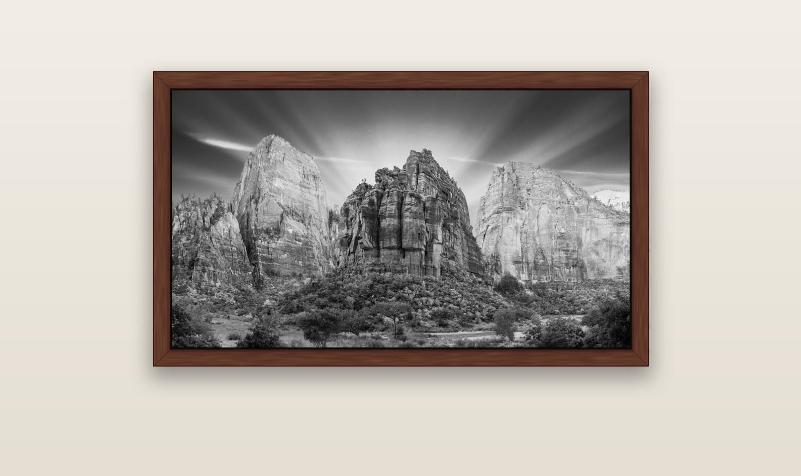 Angelic Sunrise Over Angels Landing, Zion's Majestic Embrace — brown float frame canvas, 102 × 56 cm. New Zealand fine art landscape wall art by Stephen Milner.