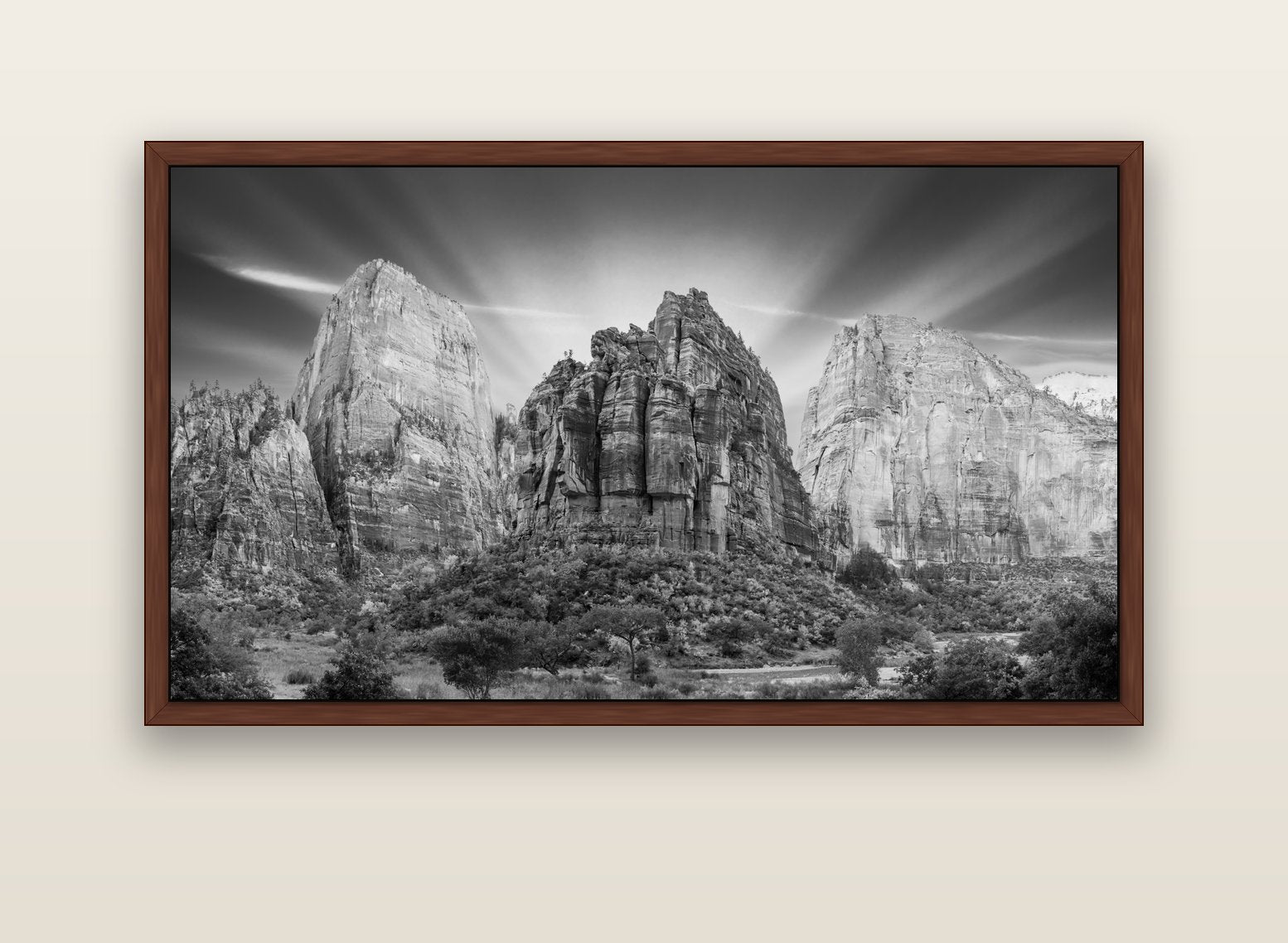 Angelic Sunrise Over Angels Landing, Zion's Majestic Embrace — brown float frame canvas, 152 × 86 cm. New Zealand fine art landscape wall art by Stephen Milner.