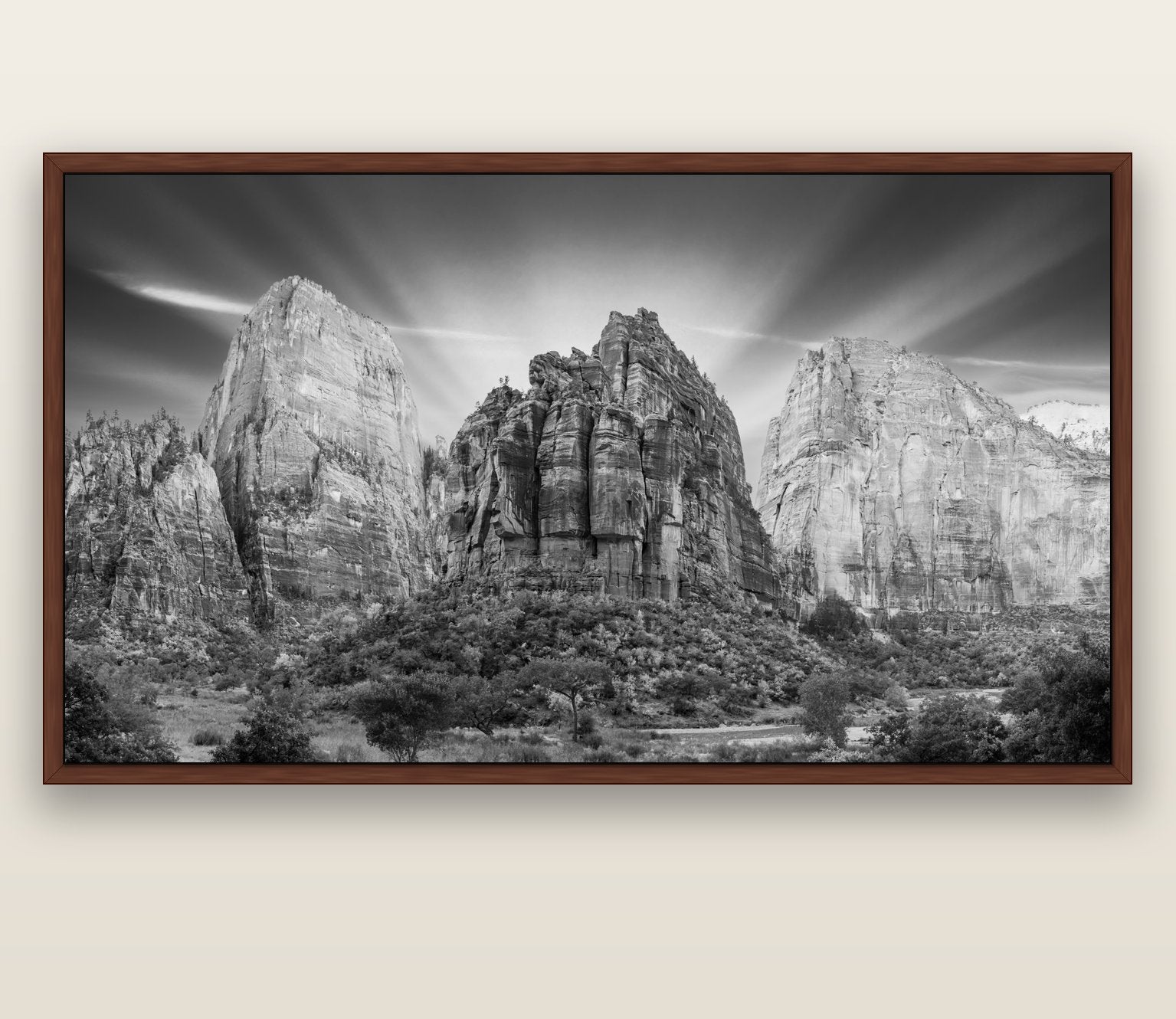 Angelic Sunrise Over Angels Landing, Zion's Majestic Embrace — brown float frame canvas, 200 × 130 cm. New Zealand fine art landscape wall art by Stephen Milner.