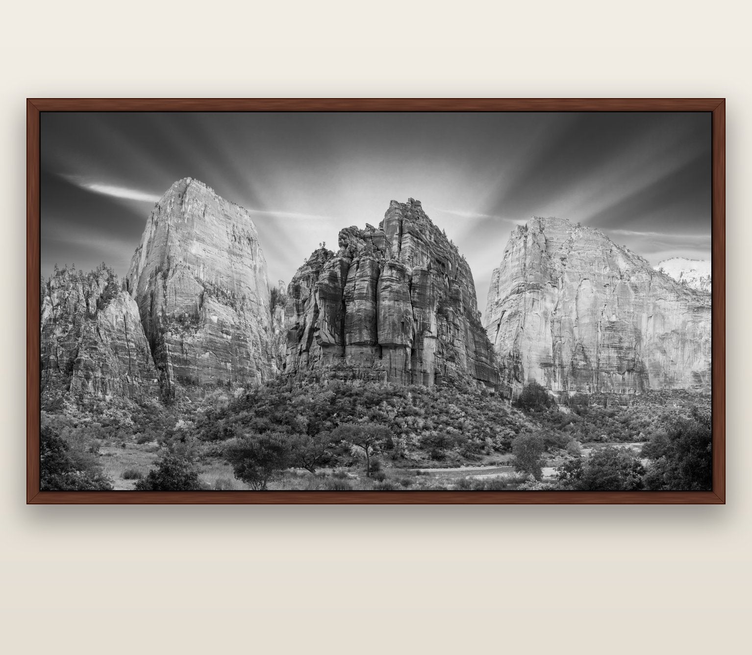 Angelic Sunrise Over Angels Landing, Zion's Majestic Embrace — brown float frame canvas, 201 × 99 cm. New Zealand fine art landscape wall art by Stephen Milner.