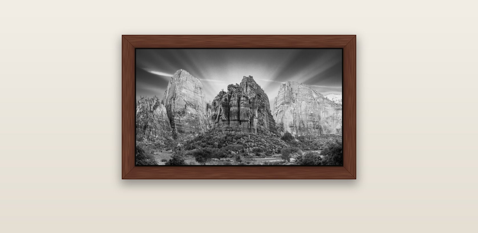 Angelic Sunrise Over Angels Landing, Zion's Majestic Embrace — brown float frame canvas, 61 × 36 cm. New Zealand fine art landscape wall art by Stephen Milner.