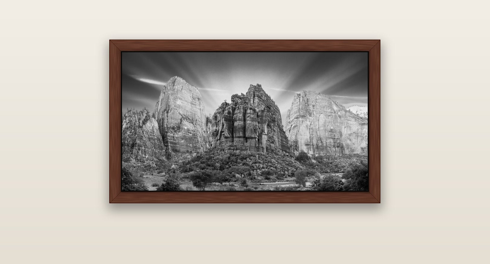 Angelic Sunrise Over Angels Landing, Zion's Majestic Embrace — brown float frame canvas, 81 × 46 cm. New Zealand fine art landscape wall art by Stephen Milner.