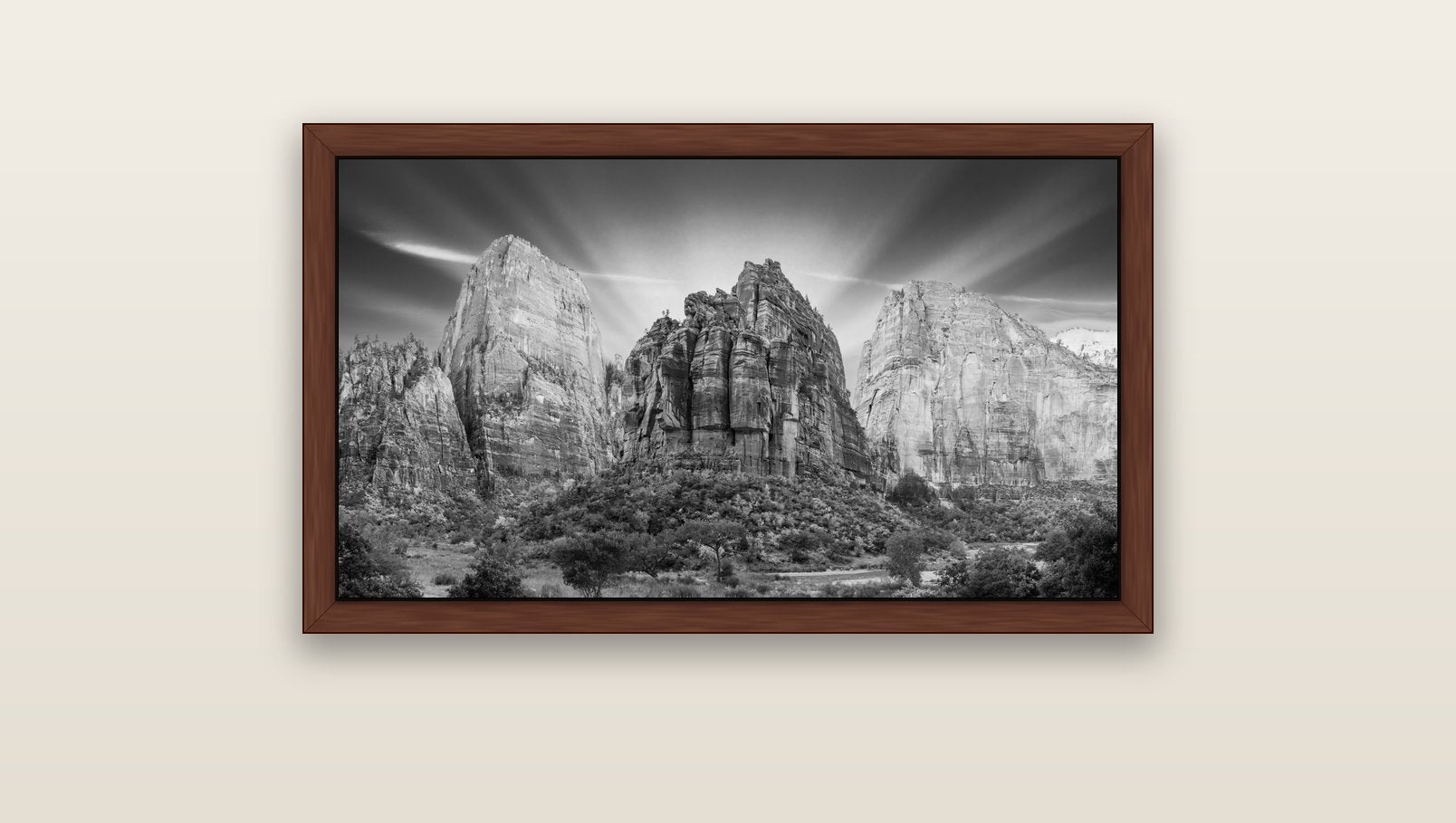 Angelic Sunrise Over Angels Landing, Zion's Majestic Embrace — brown float frame canvas, 91 × 51 cm. New Zealand fine art landscape wall art by Stephen Milner.