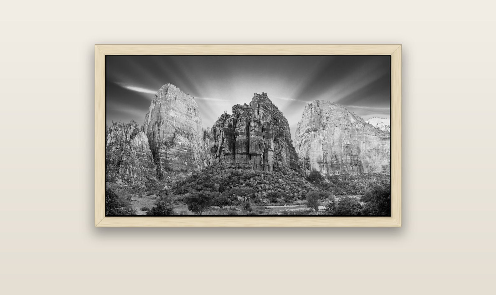 Angelic Sunrise Over Angels Landing, Zion's Majestic Embrace — natural float frame canvas, 102 × 56 cm. New Zealand fine art landscape wall art by Stephen Milner.