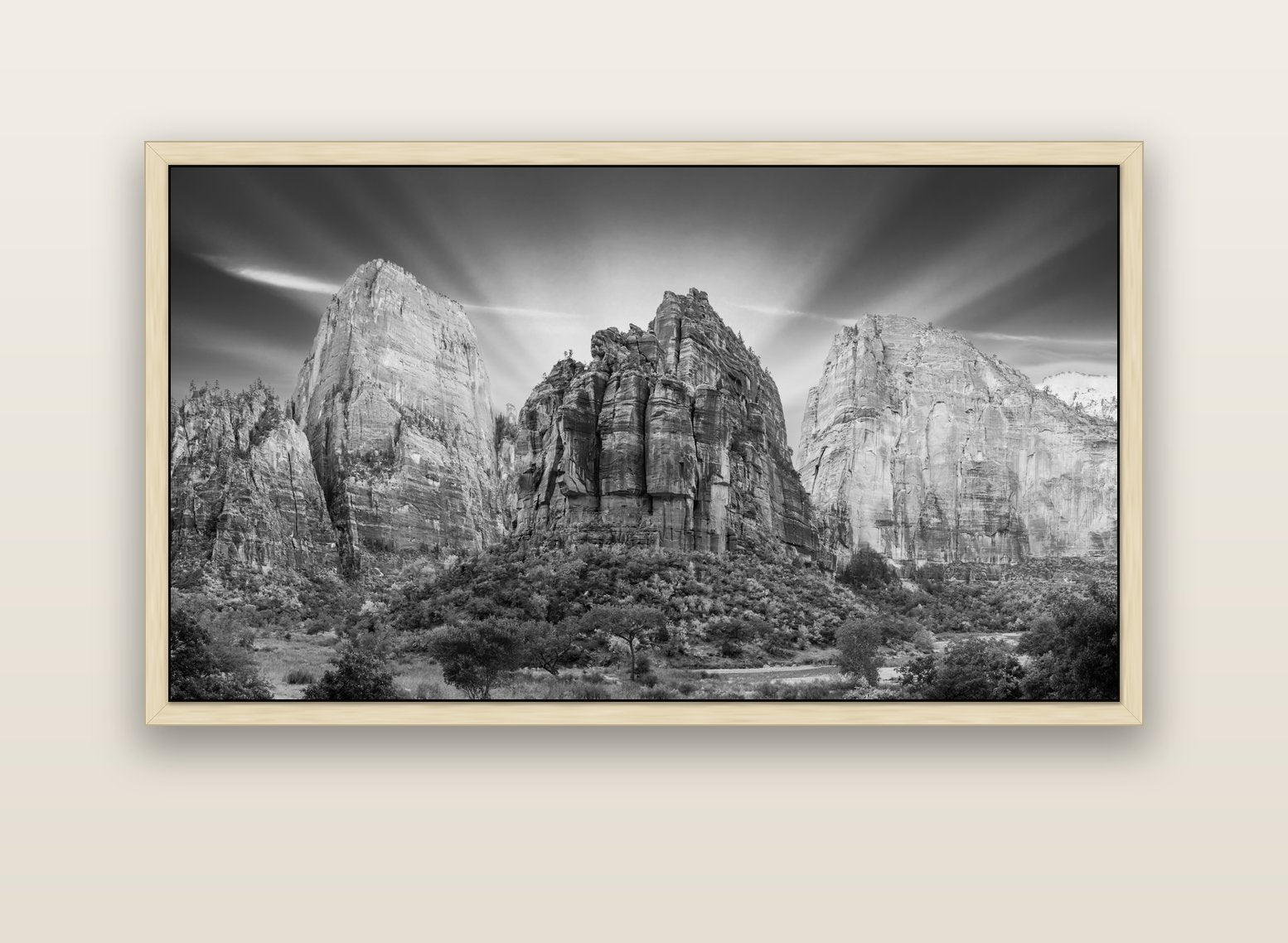 Angelic Sunrise Over Angels Landing, Zion's Majestic Embrace — natural float frame canvas, 152 × 86 cm. New Zealand fine art landscape wall art by Stephen Milner.