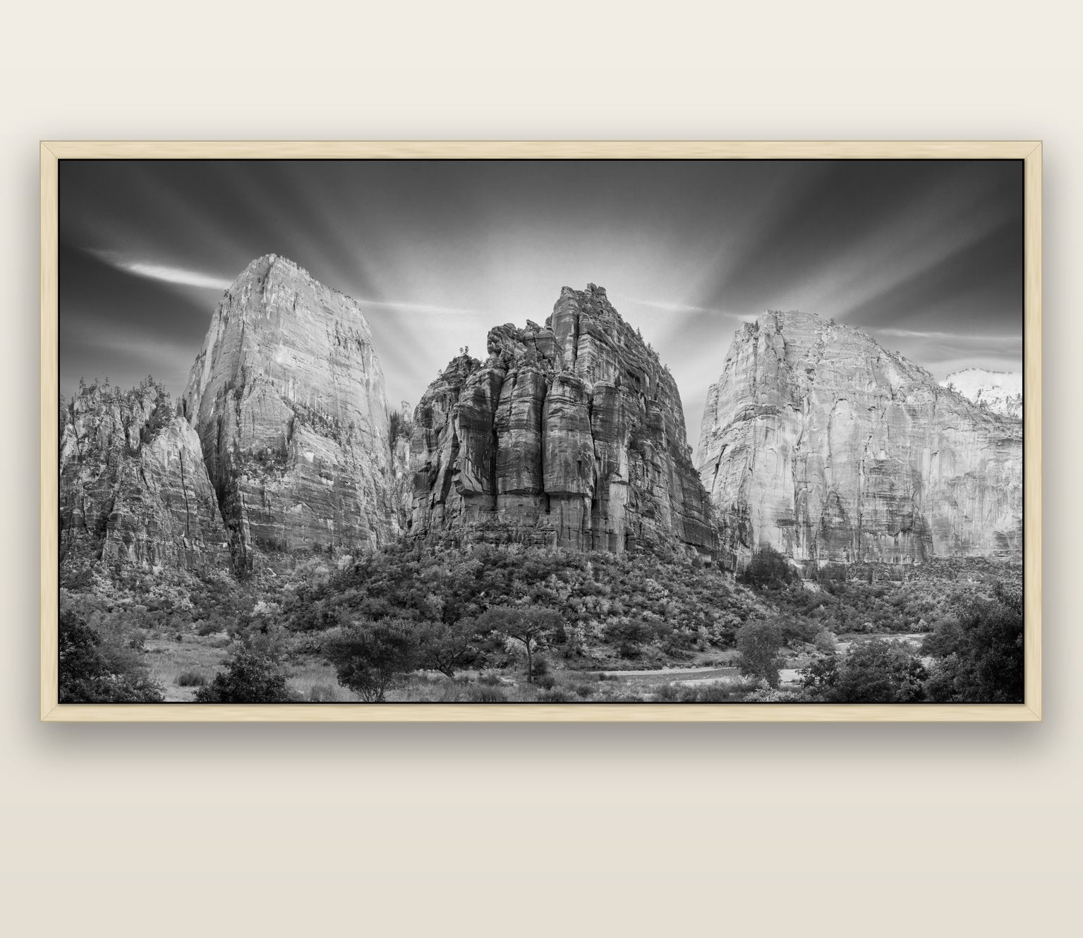 Angelic Sunrise Over Angels Landing, Zion's Majestic Embrace — natural float frame canvas, 200 × 130 cm. New Zealand fine art landscape wall art by Stephen Milner.