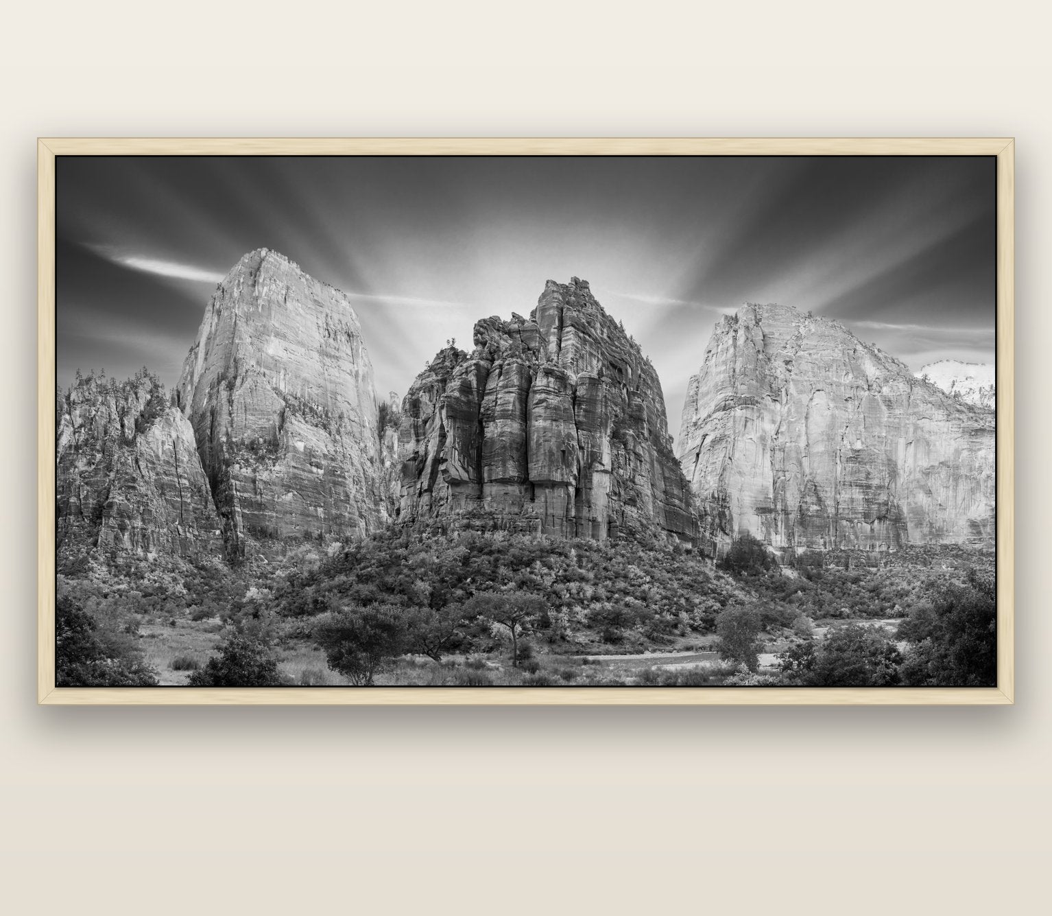 Angelic Sunrise Over Angels Landing, Zion's Majestic Embrace — natural float frame canvas, 201 × 99 cm. New Zealand fine art landscape wall art by Stephen Milner.