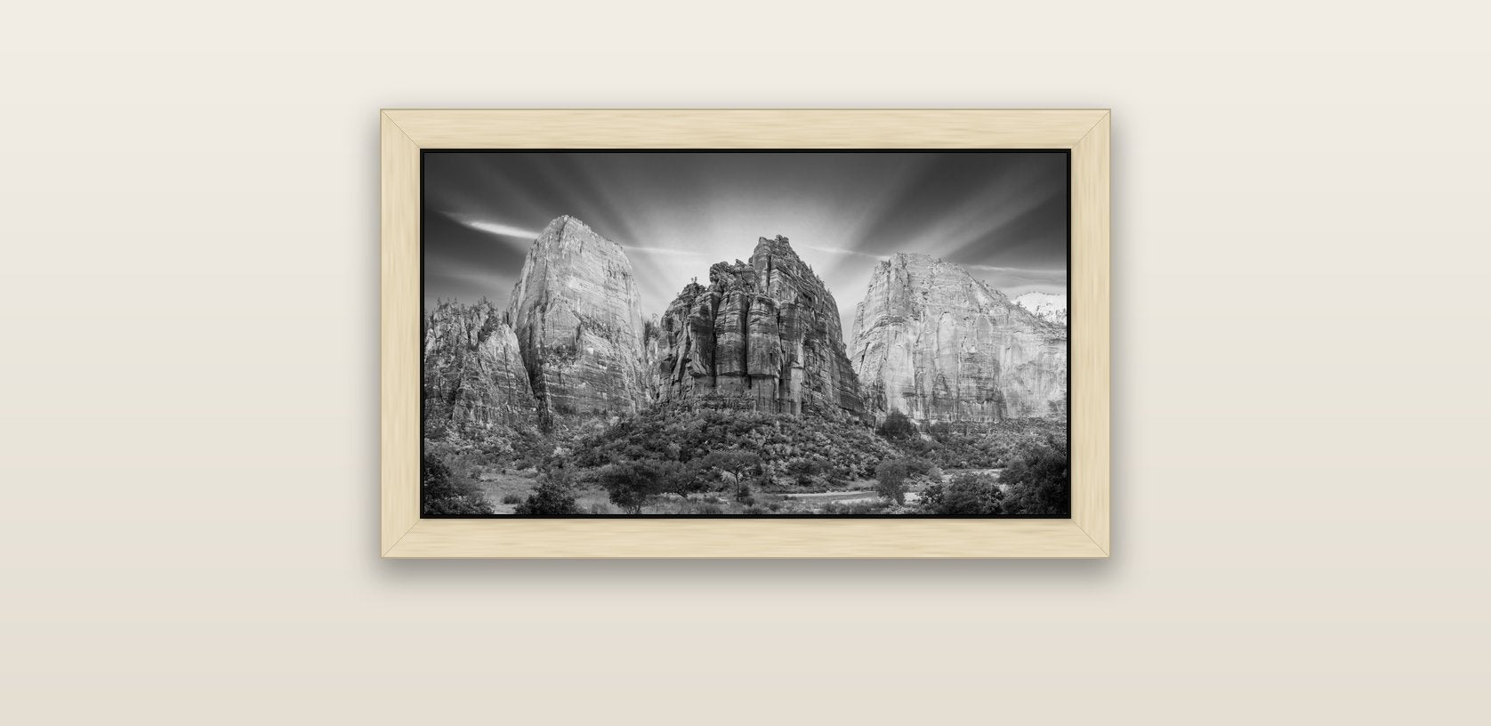 Angelic Sunrise Over Angels Landing, Zion's Majestic Embrace — natural float frame canvas, 61 × 36 cm. New Zealand fine art landscape wall art by Stephen Milner.