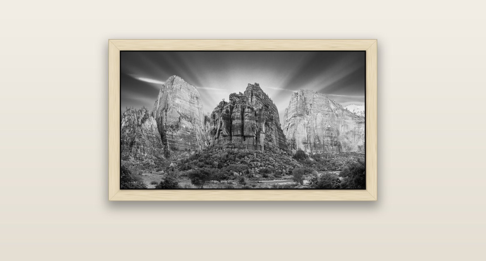 Angelic Sunrise Over Angels Landing, Zion's Majestic Embrace — natural float frame canvas, 81 × 46 cm. New Zealand fine art landscape wall art by Stephen Milner.