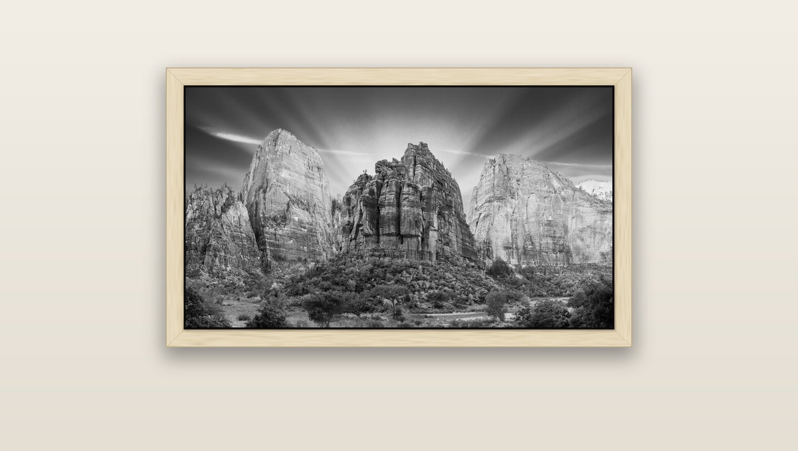 Angelic Sunrise Over Angels Landing, Zion's Majestic Embrace — natural float frame canvas, 91 × 51 cm. New Zealand fine art landscape wall art by Stephen Milner.