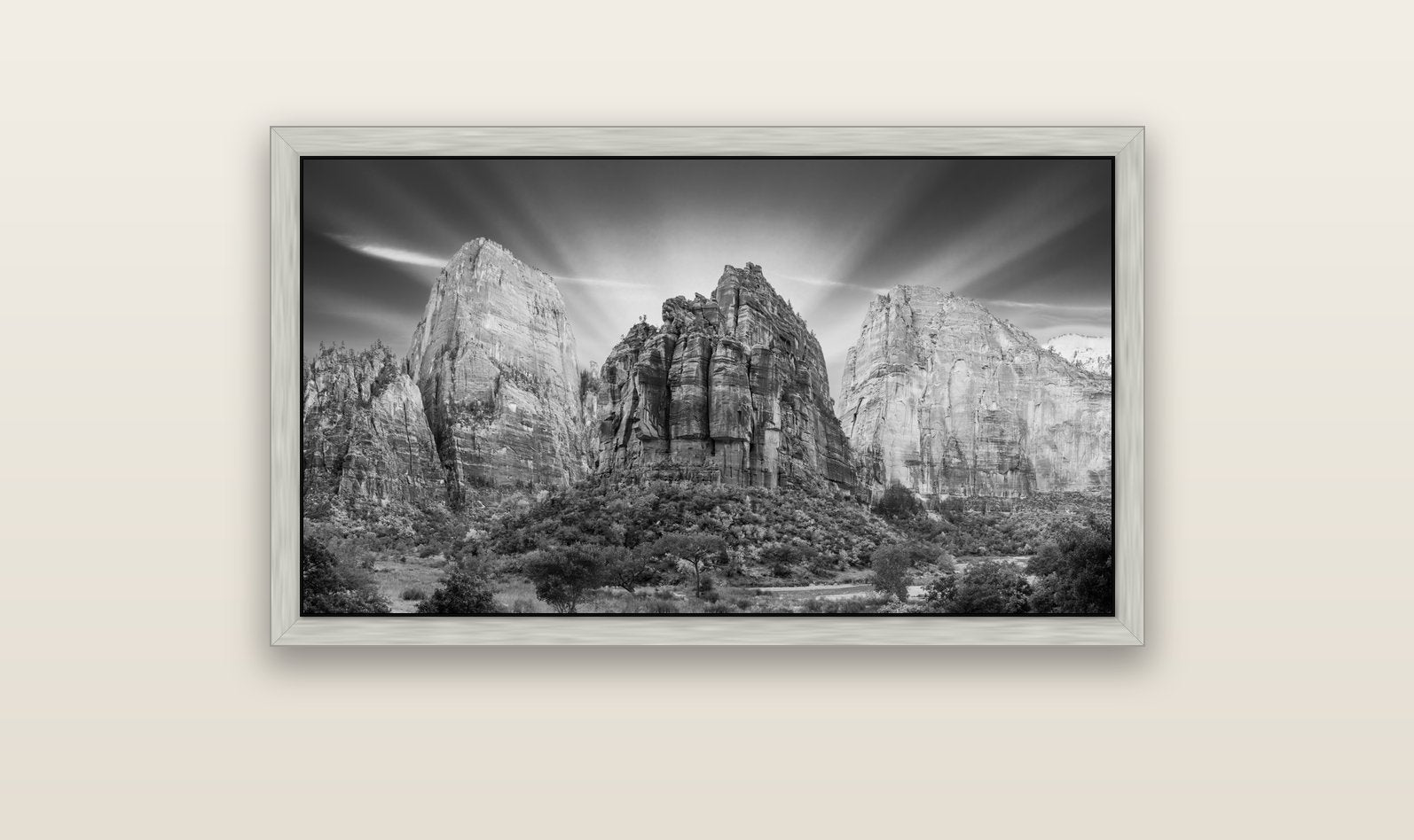 Angelic Sunrise Over Angels Landing, Zion's Majestic Embrace — silver float frame canvas, 102 × 56 cm. New Zealand fine art landscape wall art by Stephen Milner.