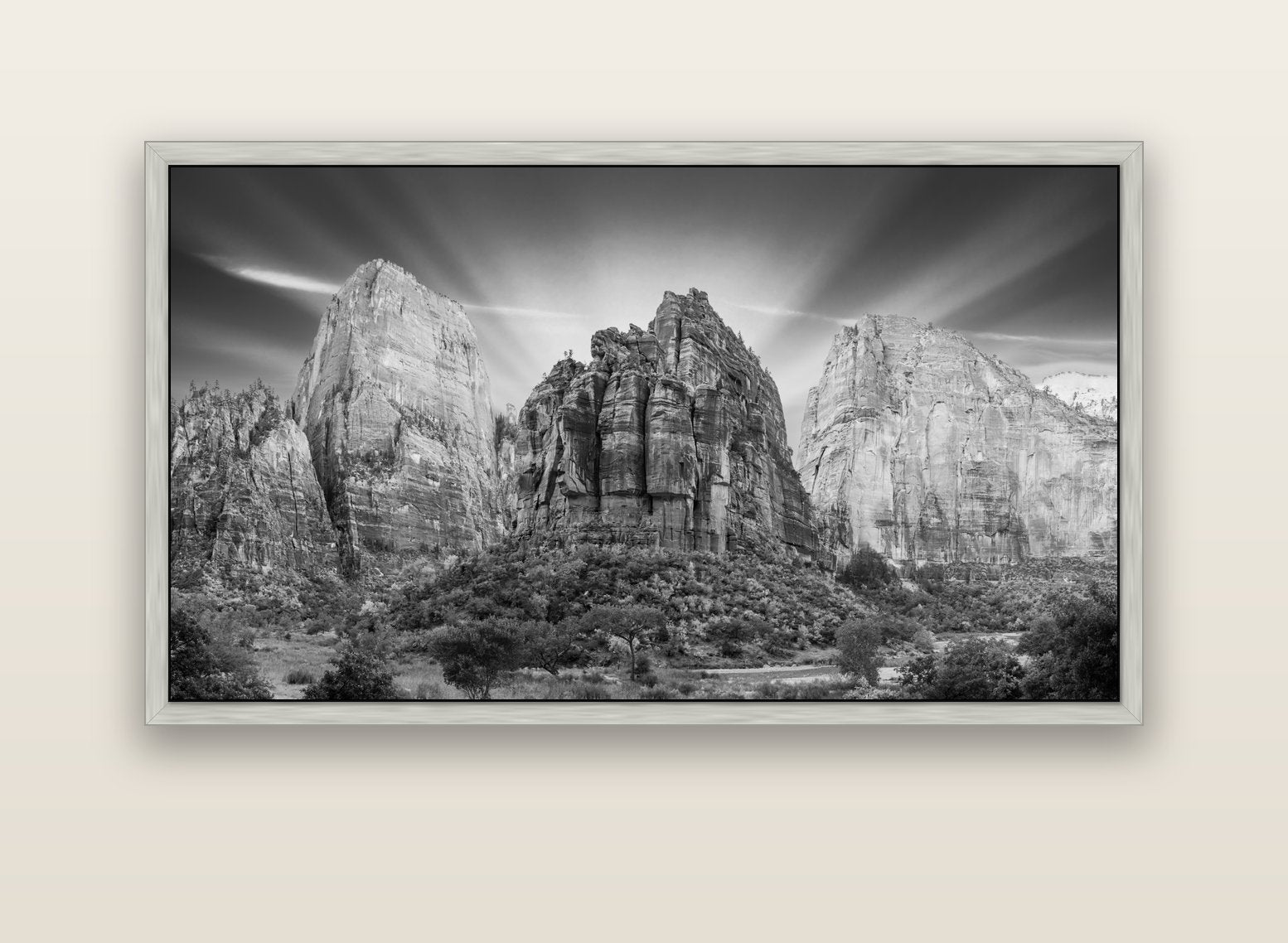 Angelic Sunrise Over Angels Landing, Zion's Majestic Embrace — silver float frame canvas, 152 × 86 cm. New Zealand fine art landscape wall art by Stephen Milner.