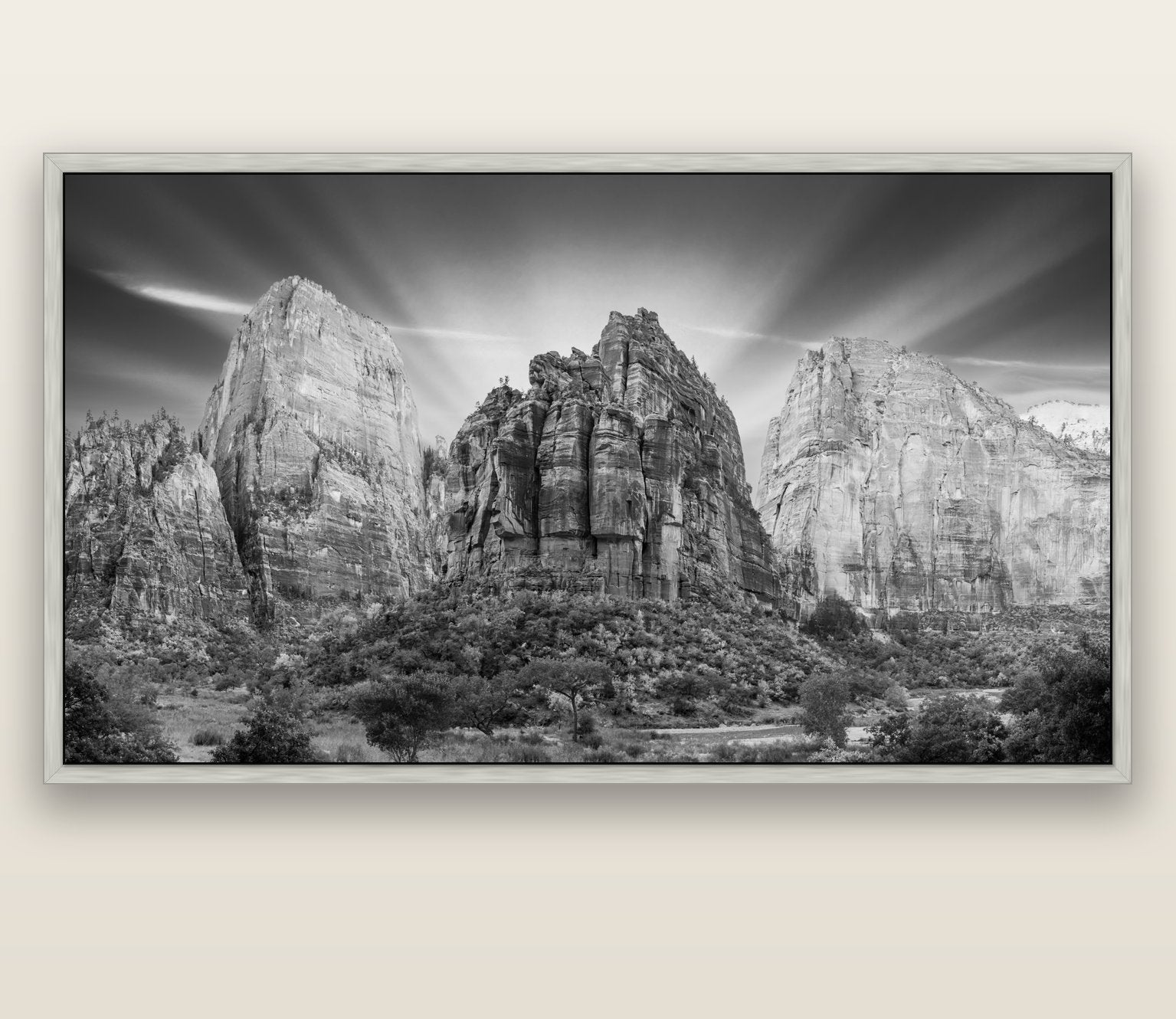 Angelic Sunrise Over Angels Landing, Zion's Majestic Embrace — silver float frame canvas, 200 × 130 cm. New Zealand fine art landscape wall art by Stephen Milner.