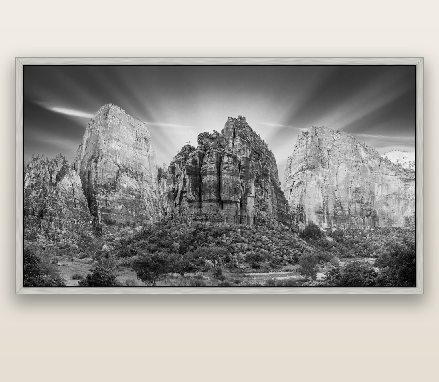 Angelic Sunrise Over Angels Landing, Zion's Majestic Embrace — silver float frame canvas, 201 × 99 cm. New Zealand fine art landscape wall art by Stephen Milner.