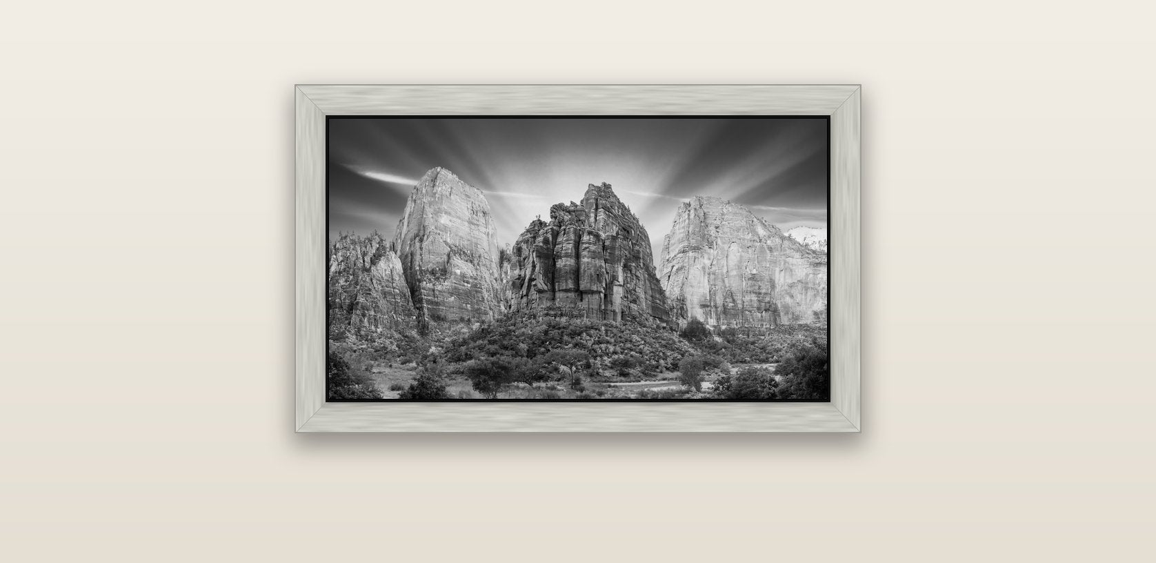 Angelic Sunrise Over Angels Landing, Zion's Majestic Embrace — silver float frame canvas, 61 × 36 cm. New Zealand fine art landscape wall art by Stephen Milner.