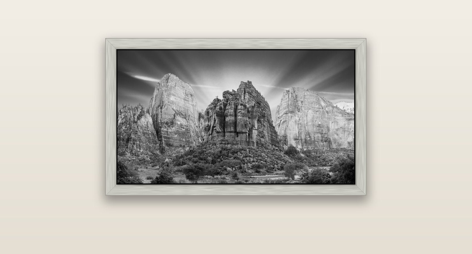 Angelic Sunrise Over Angels Landing, Zion's Majestic Embrace — silver float frame canvas, 81 × 46 cm. New Zealand fine art landscape wall art by Stephen Milner.