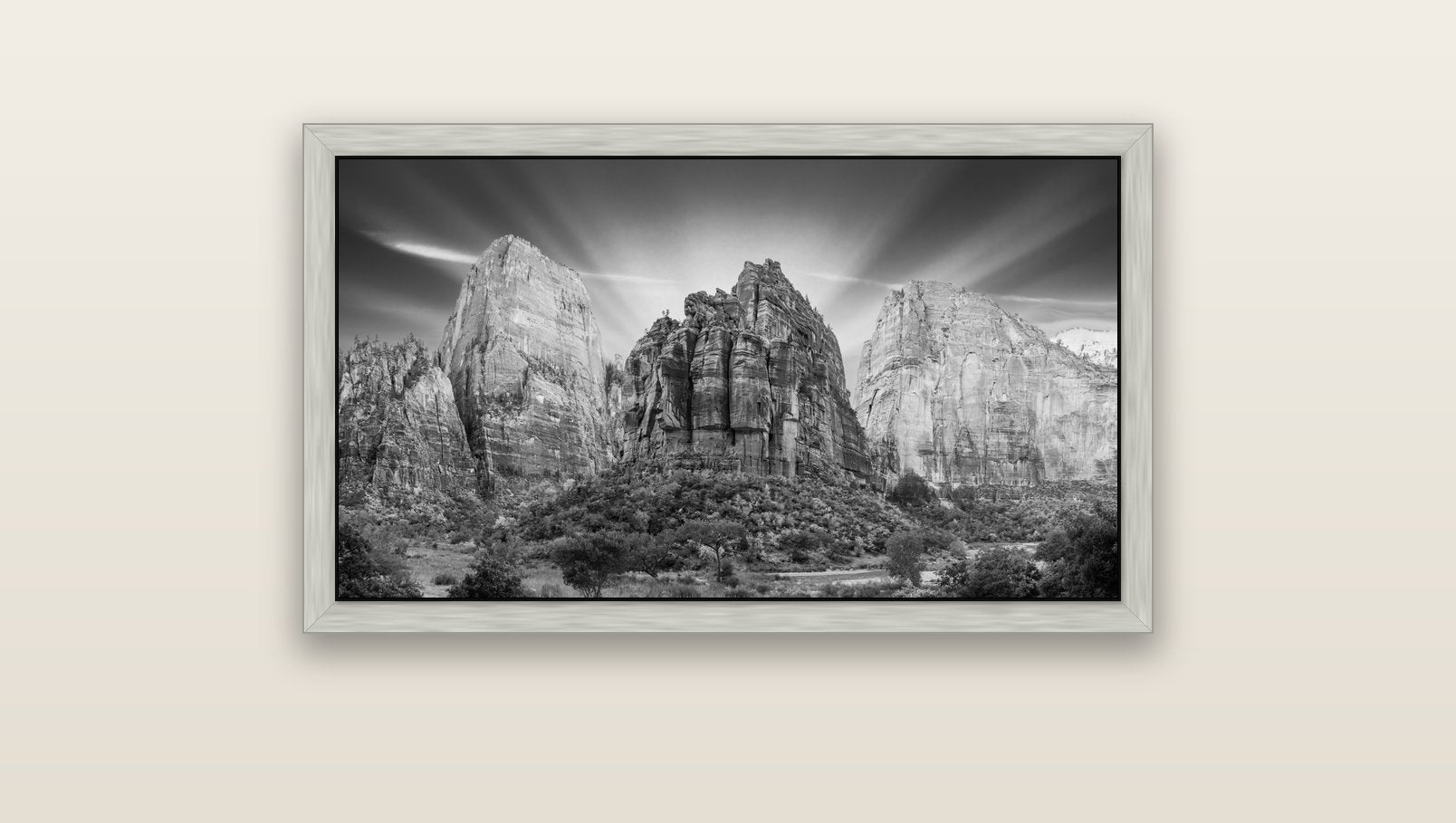 Angelic Sunrise Over Angels Landing, Zion's Majestic Embrace — silver float frame canvas, 91 × 51 cm. New Zealand fine art landscape wall art by Stephen Milner.