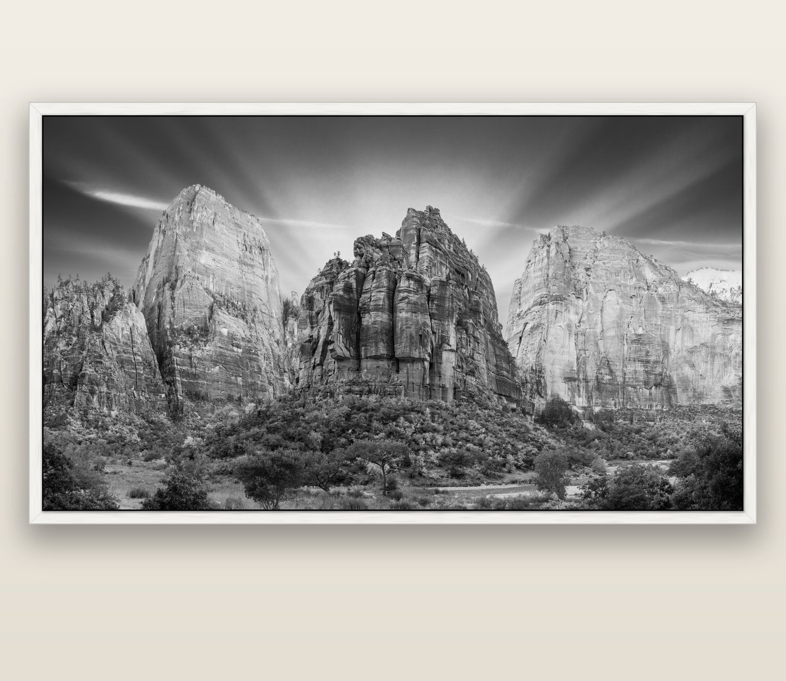 Angelic Sunrise Over Angels Landing, Zion's Majestic Embrace — white float frame canvas, 200 × 130 cm. New Zealand fine art landscape wall art by Stephen Milner.