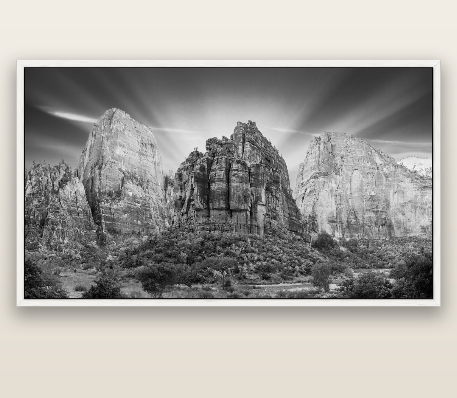 Angelic Sunrise Over Angels Landing, Zion's Majestic Embrace — white float frame canvas, 201 × 99 cm. New Zealand fine art landscape wall art by Stephen Milner.