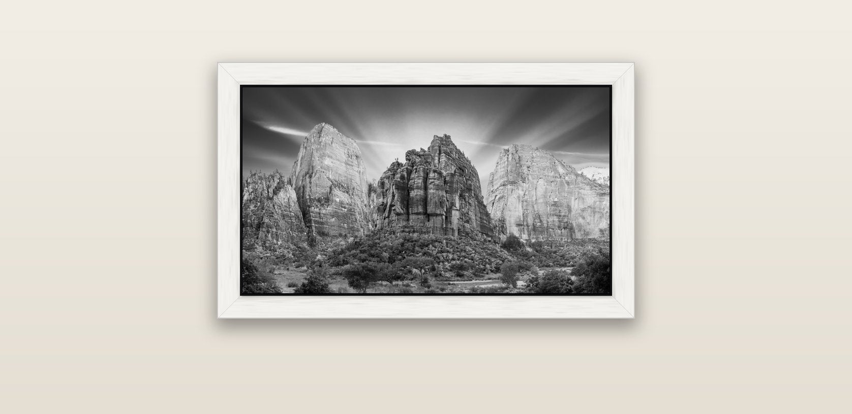 Angelic Sunrise Over Angels Landing, Zion's Majestic Embrace — white float frame canvas, 61 × 36 cm. New Zealand fine art landscape wall art by Stephen Milner.
