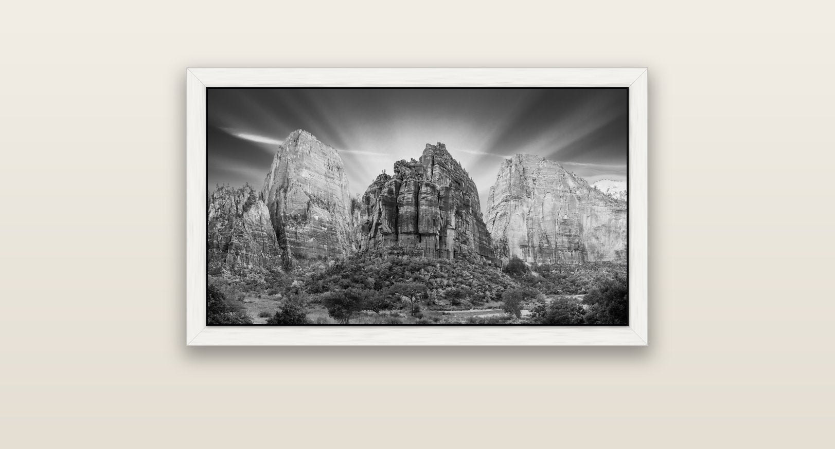 Angelic Sunrise Over Angels Landing, Zion's Majestic Embrace — white float frame canvas, 81 × 46 cm. New Zealand fine art landscape wall art by Stephen Milner.