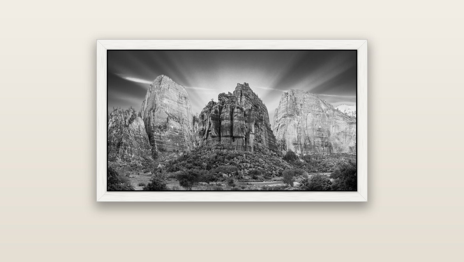 Angelic Sunrise Over Angels Landing, Zion's Majestic Embrace — white float frame canvas, 91 × 51 cm. New Zealand fine art landscape wall art by Stephen Milner.