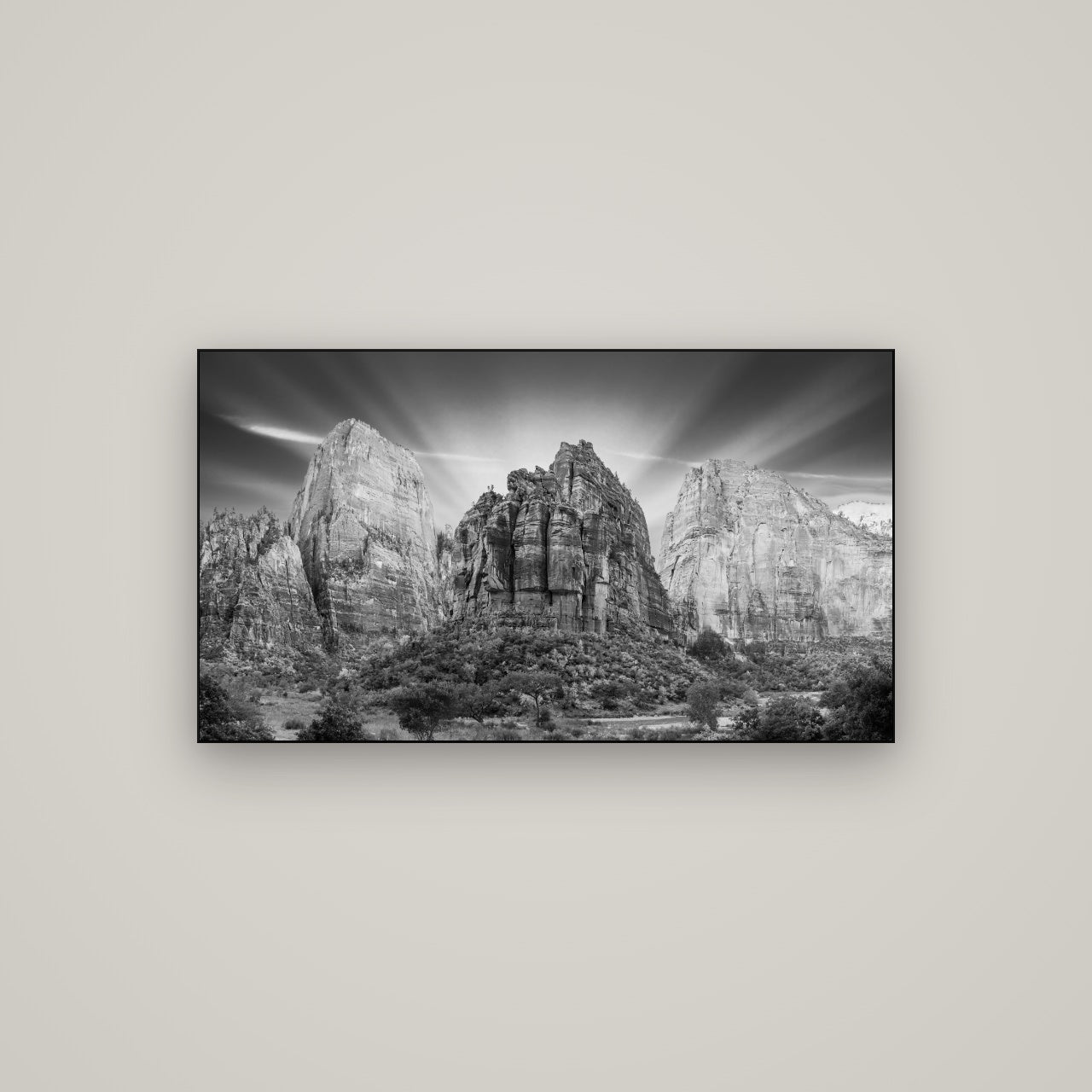 Angelic Sunrise Over Angels Landing, Zion's Majestic Embrace — Slimline Black, 107×60 cm. New Zealand fine art wall art by Stephen Milner.